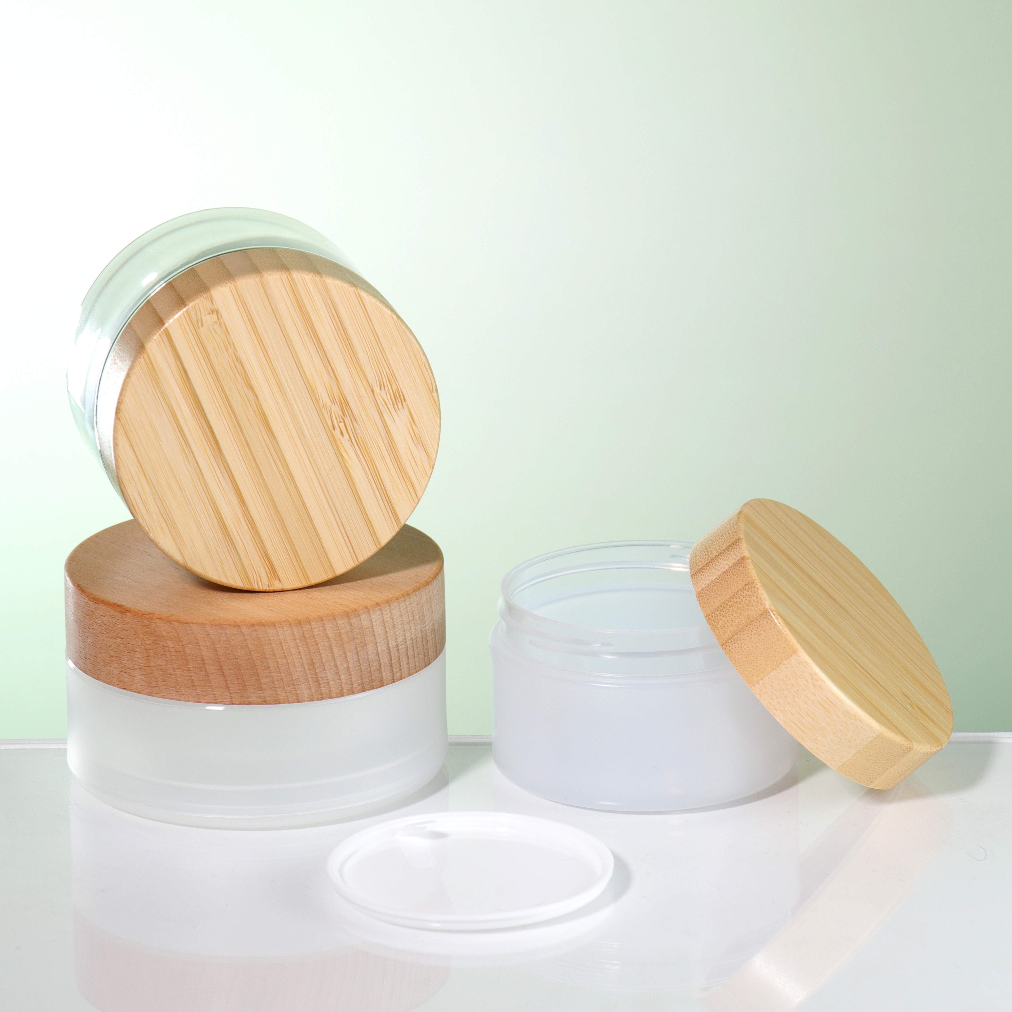 High Quality Face Skin Care Jar Container 5g 10g 20g 50g Bamboo Lid Frosted Clear Glass Jar