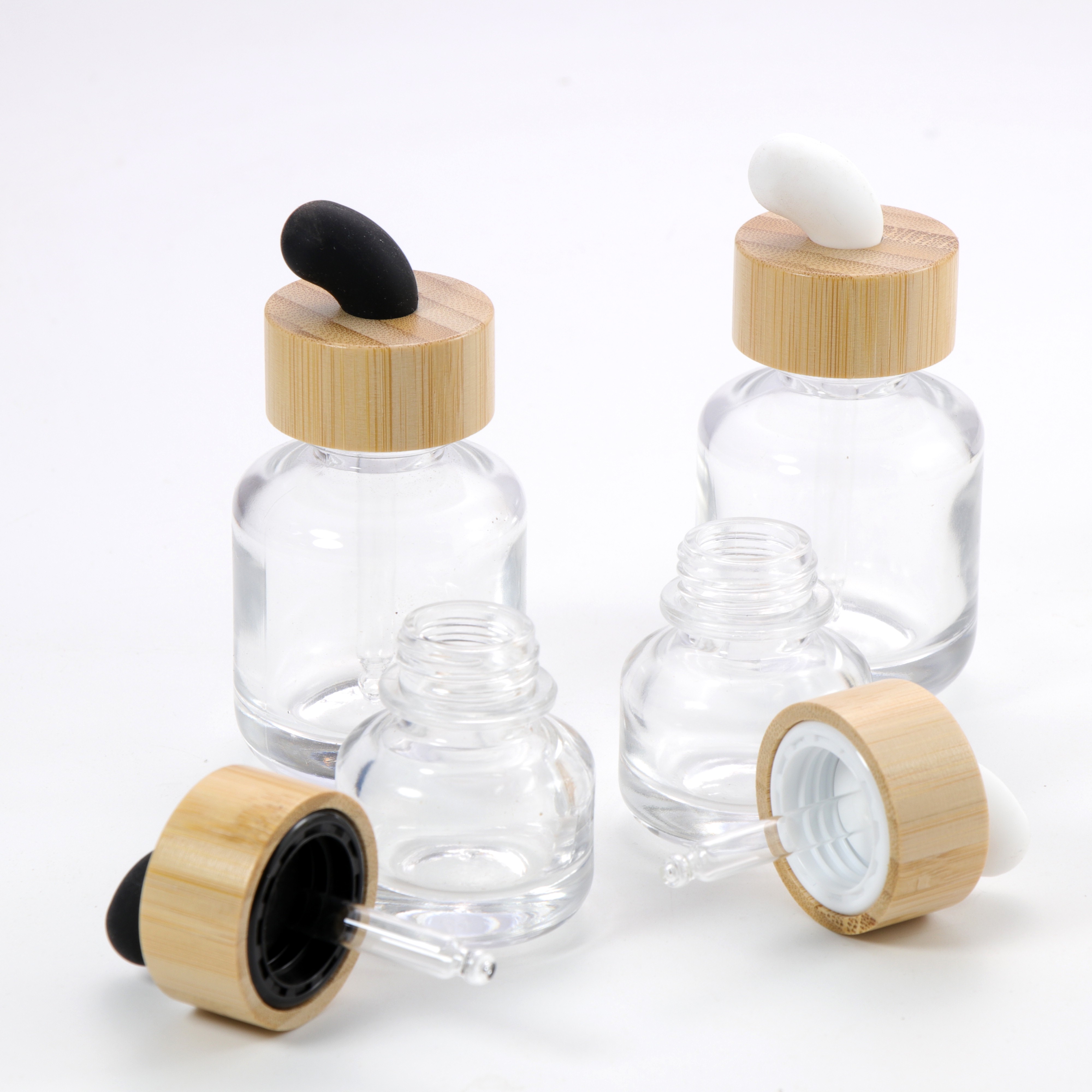 High Quality 30ml Frosted Glass Dropper Bottles with Natural Beech Wood Bamboo Lid for Essential Oil Serum Cosmetic Packaging
