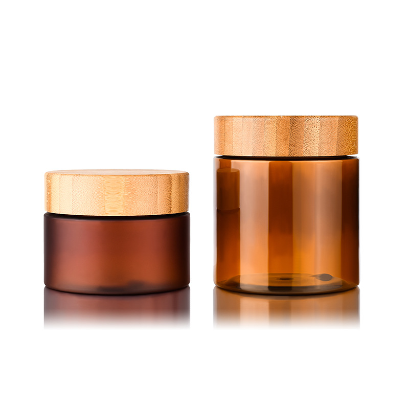 Amber PET Plastic Cream Jar with Bamboo Lid Eco-friendly Cosmetic Personal Care Packing Boxes Amber PET Plastic Cream Jar with Bamboo Lid Eco-friendly Cosmetic Personal Care Packing Boxes