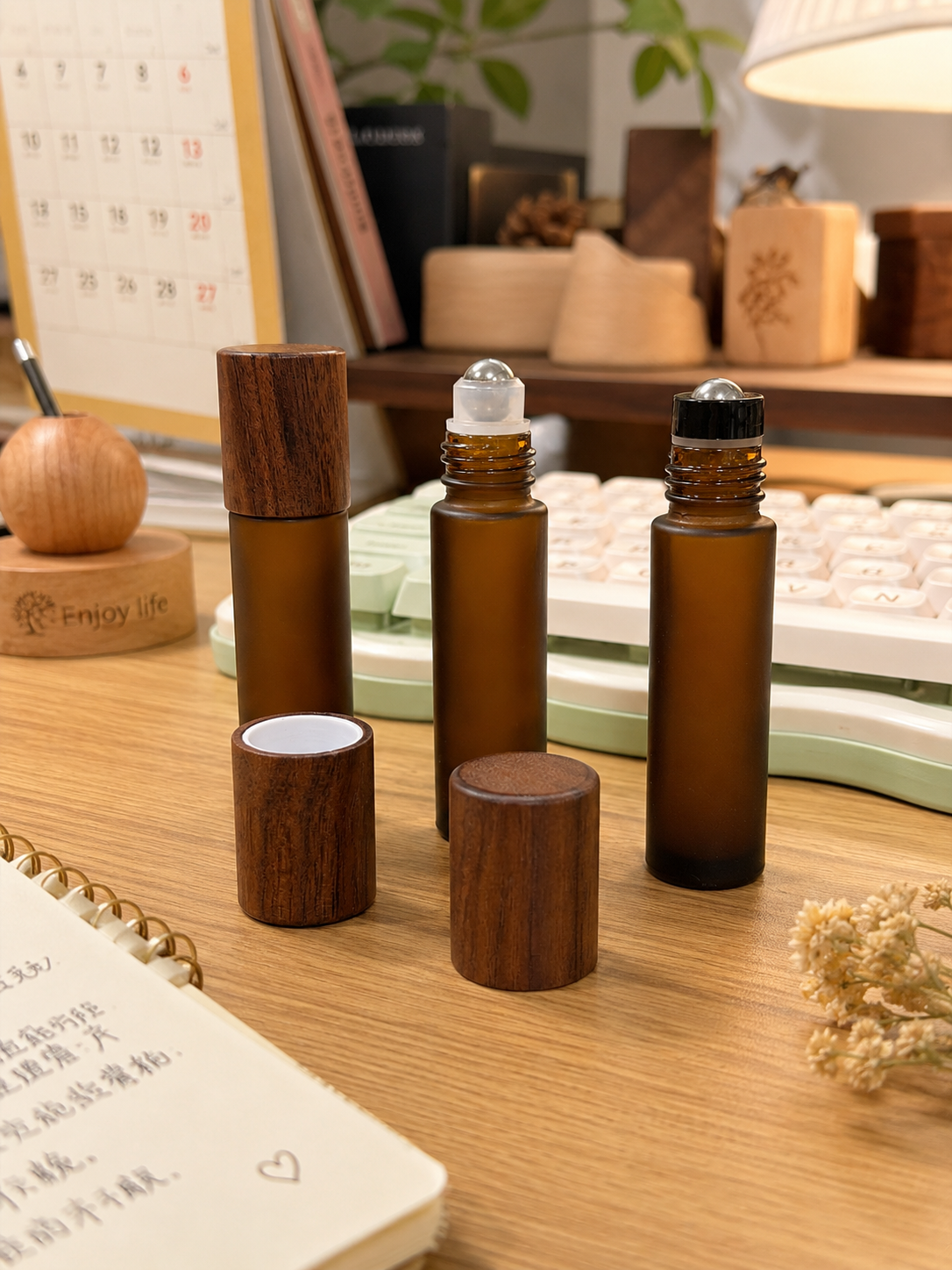 Amber Glass Roller Bottle 5ml 10ml with Magnetic Black Walnut Wooden Cap Custom Logo Essential Oil Skincare Packaging Container Amber Glass Roller Bottle 5ml 10ml with Magnetic Black Walnut Wooden Cap Custom Logo Essential Oil Skincare Packaging Container
