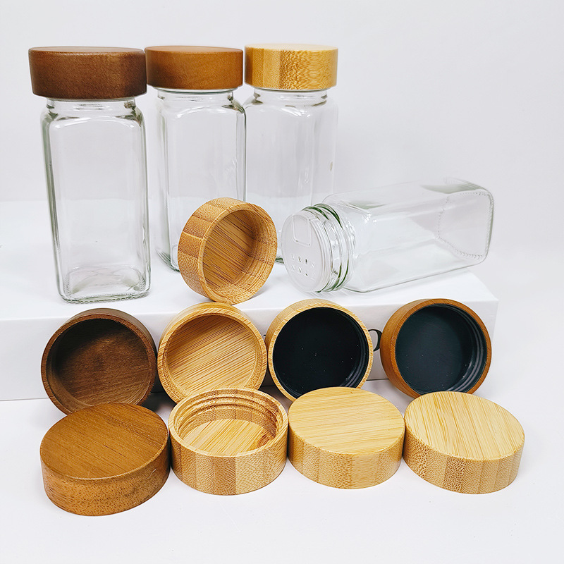 Wholesale Custom Square Glass Spice Jar with Bamboo Lid Refillable Salt Pepper Seasoning Bottle Kitchen Storage Container