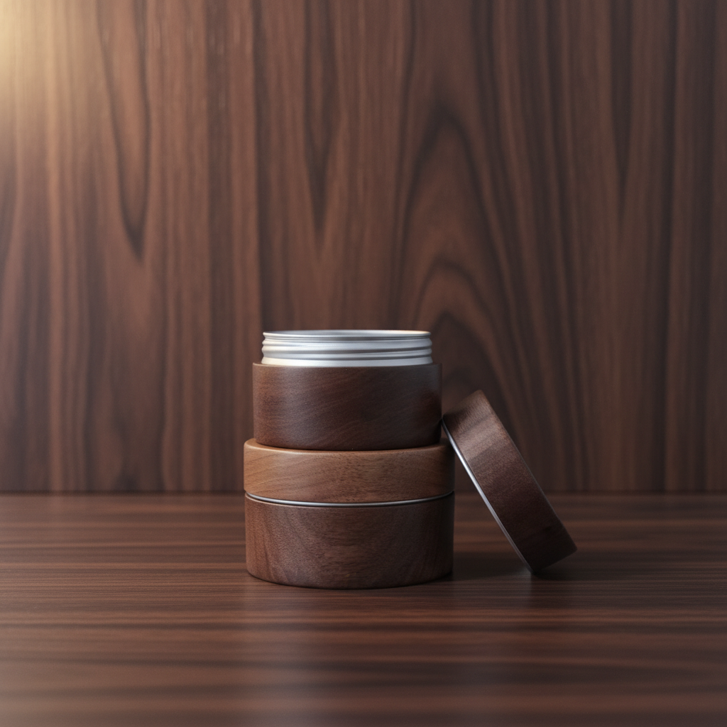 80g Black Walnut Wood Aluminum Tin Box Cosmetic Packaging Custom Luxury Wooden Metal Container for Skincare Balm OEM