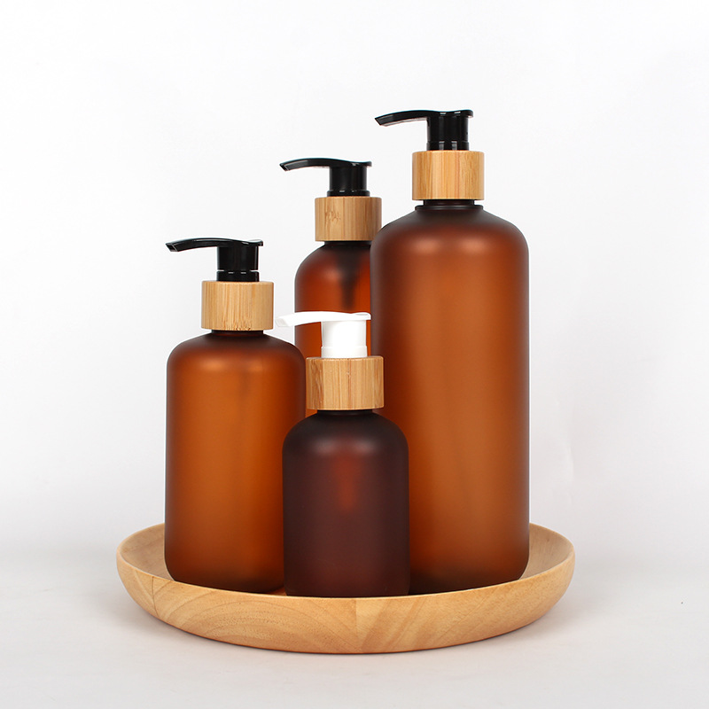 Custom Amber PET Jar with Bamboo Cap Pump Bottle Refillable Shampoo Lotion Body Wash Cosmetic Packaging OEM ODM Custom Amber PET Jar with Bamboo Cap Pump Bottle Refillable Shampoo Lotion Body Wash Cosmetic Packaging OEM ODM