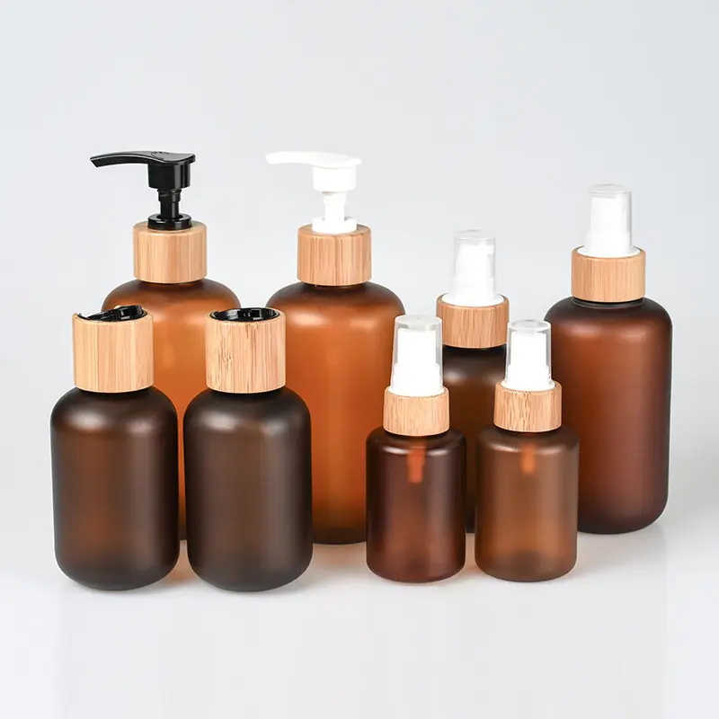 Custom Amber PET Jar with Bamboo Cap Pump Bottle Refillable Shampoo Lotion Body Wash Cosmetic Packaging OEM ODM Custom Amber PET Jar with Bamboo Cap Pump Bottle Refillable Shampoo Lotion Body Wash Cosmetic Packaging OEM ODM