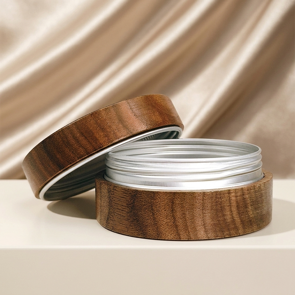 Custom Walnut Wood Aluminum Cosmetic Jar Empty Cream Container Refillable Skincare Packaging with Custom Logo Custom Walnut Wood Aluminum Cosmetic Jar Empty Cream Container Refillable Skincare Packaging with Custom Logo