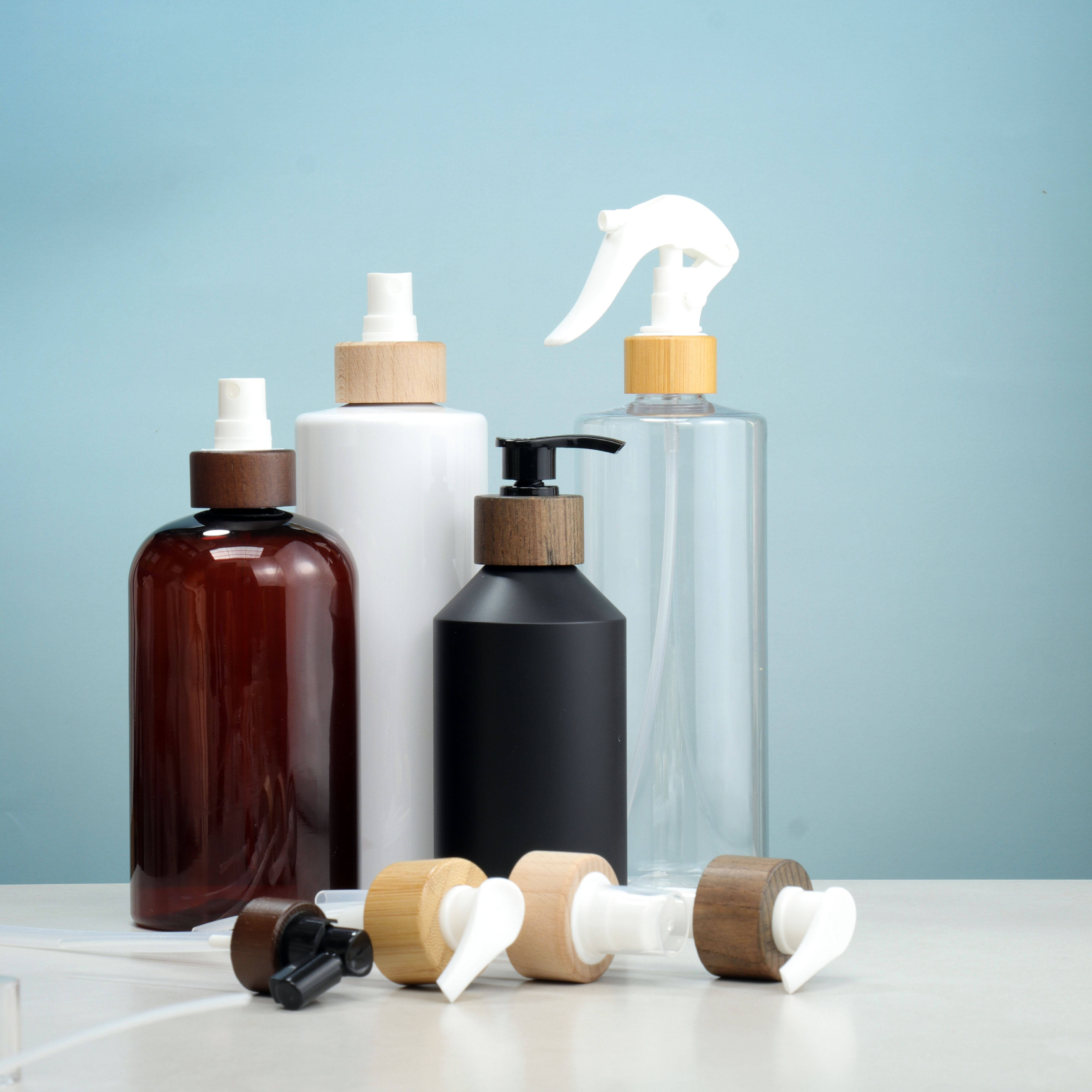Custom Amber PET Jar with Bamboo Cap Pump Bottle Refillable Shampoo Lotion Body Wash Cosmetic Packaging OEM ODM