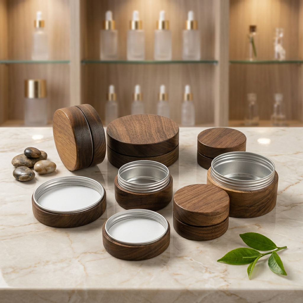 Airtight Premium Packaging Luxury Walnut Wood Aluminum Cosmetic Jar Bamboo Cream Jar for Face Cream Serum Airtight Premium Packaging Luxury Walnut Wood Aluminum Cosmetic Jar Bamboo Cream Jar for Face Cream Serum
