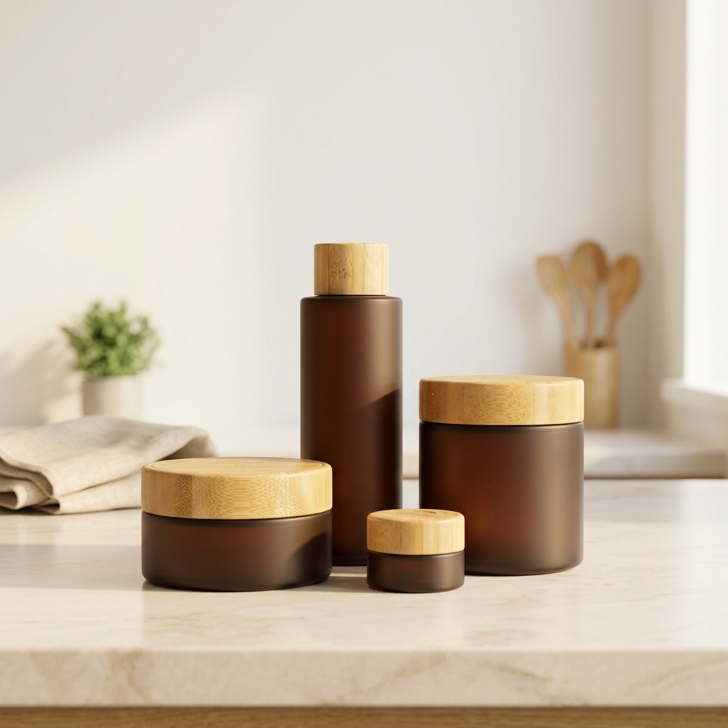 Custom Eco Friendly Frosted Amber Glass Cosmetic Packaging Set Wholesale Luxury Cream Jar Lotion Bottle with Natural Bamboo Lid