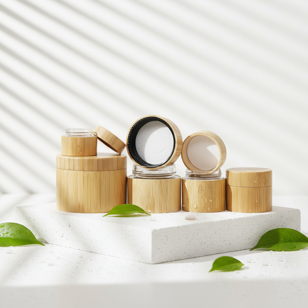 Creams and Lotions Bottle Refillable High-end Style 5g-250g Bamboo Glass Jar with Screw Cap Cosmetic Container Storage Jar