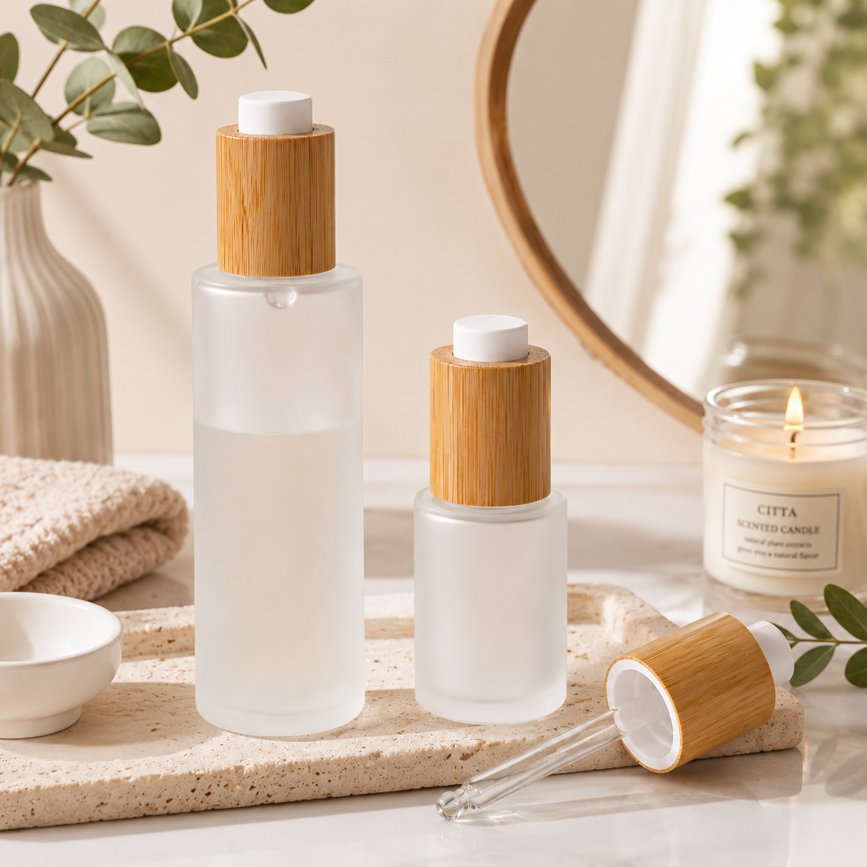 Bottle with Bamboo Dropper Pump and Cream Jar Ideal Bathroom Bedroom Vanity Elegant Natural Storage Solution Dropper Bottle