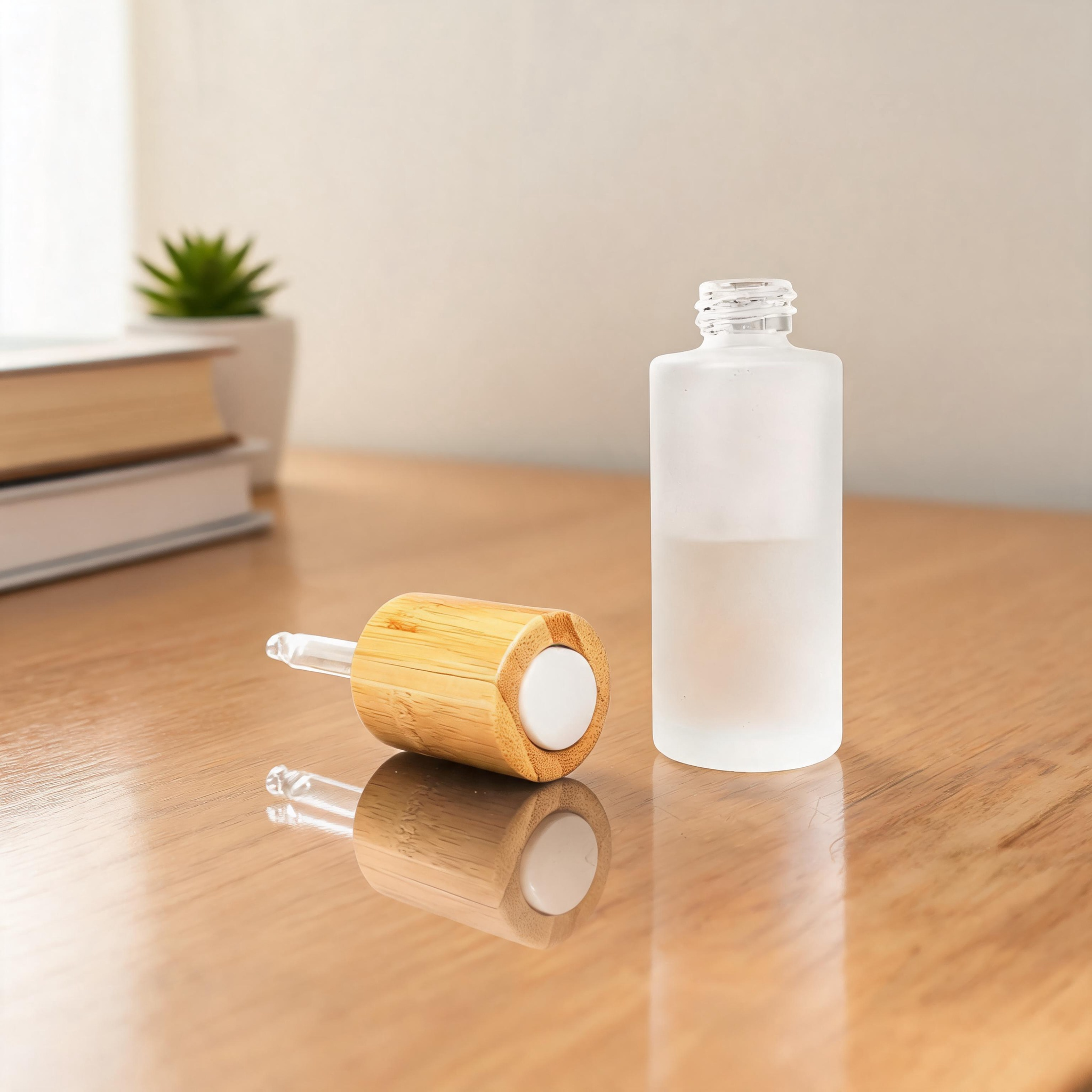 Bottle with Bamboo Dropper Pump and Cream Jar Ideal Bathroom Bedroom Vanity Elegant Natural Storage Solution Dropper Bottle