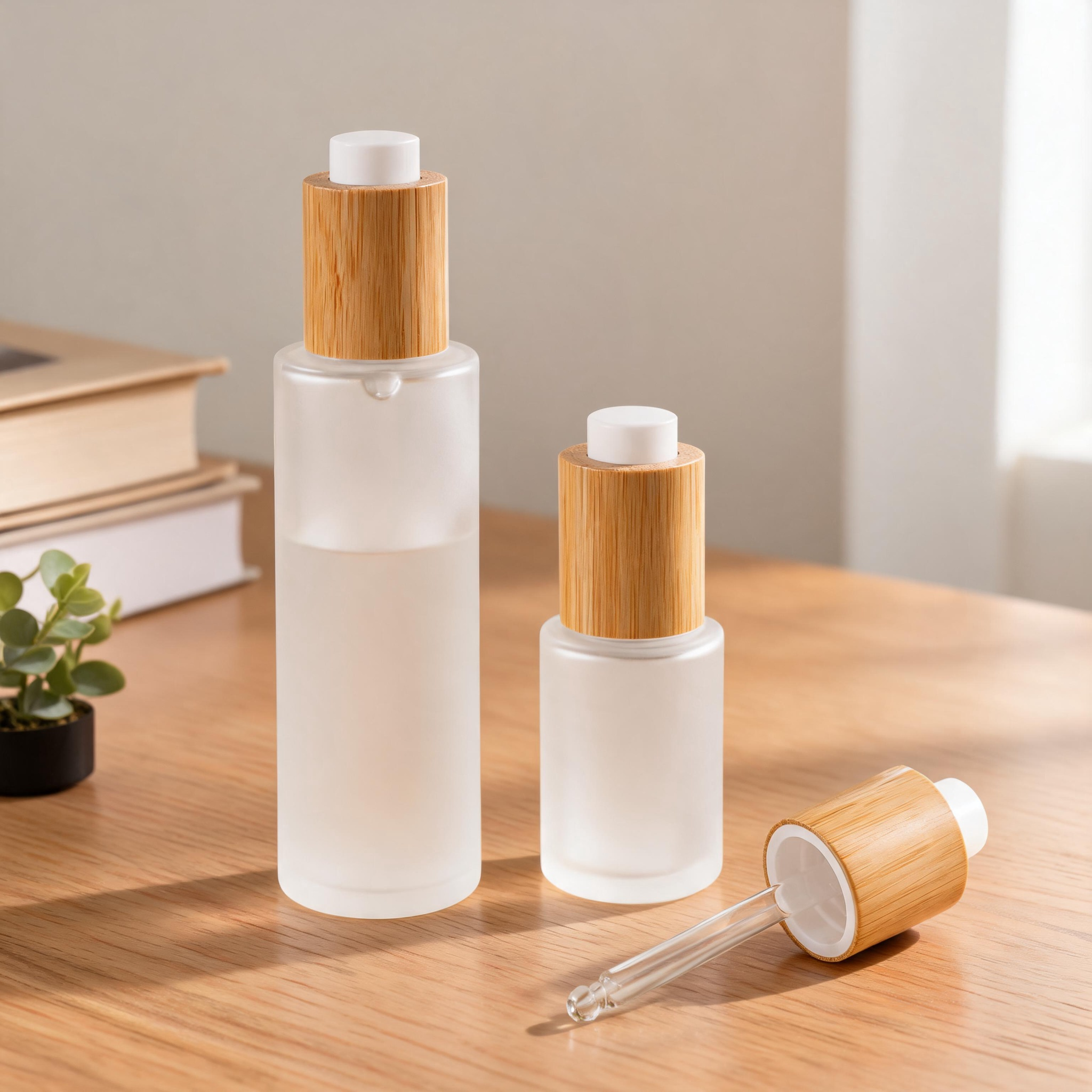 Bottle with Bamboo Dropper Pump and Cream Jar Ideal Bathroom Bedroom Vanity Elegant Natural Storage Solution Dropper Bottle