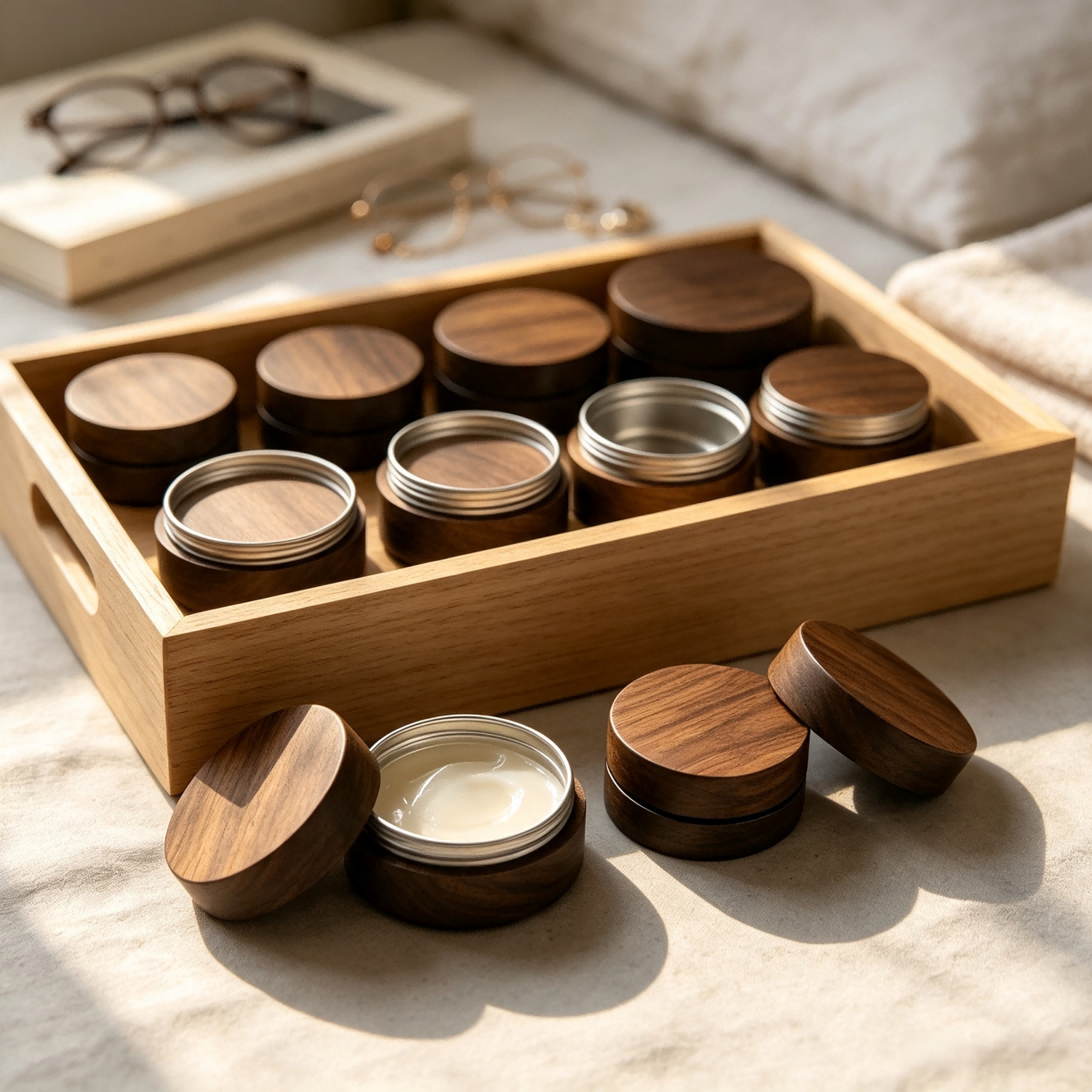 Luxury Walnut Wood Refillable Cosmetic Container Wood Jar 30g Aluminum Jar for Balm Cream Solid Perfume and Skincare