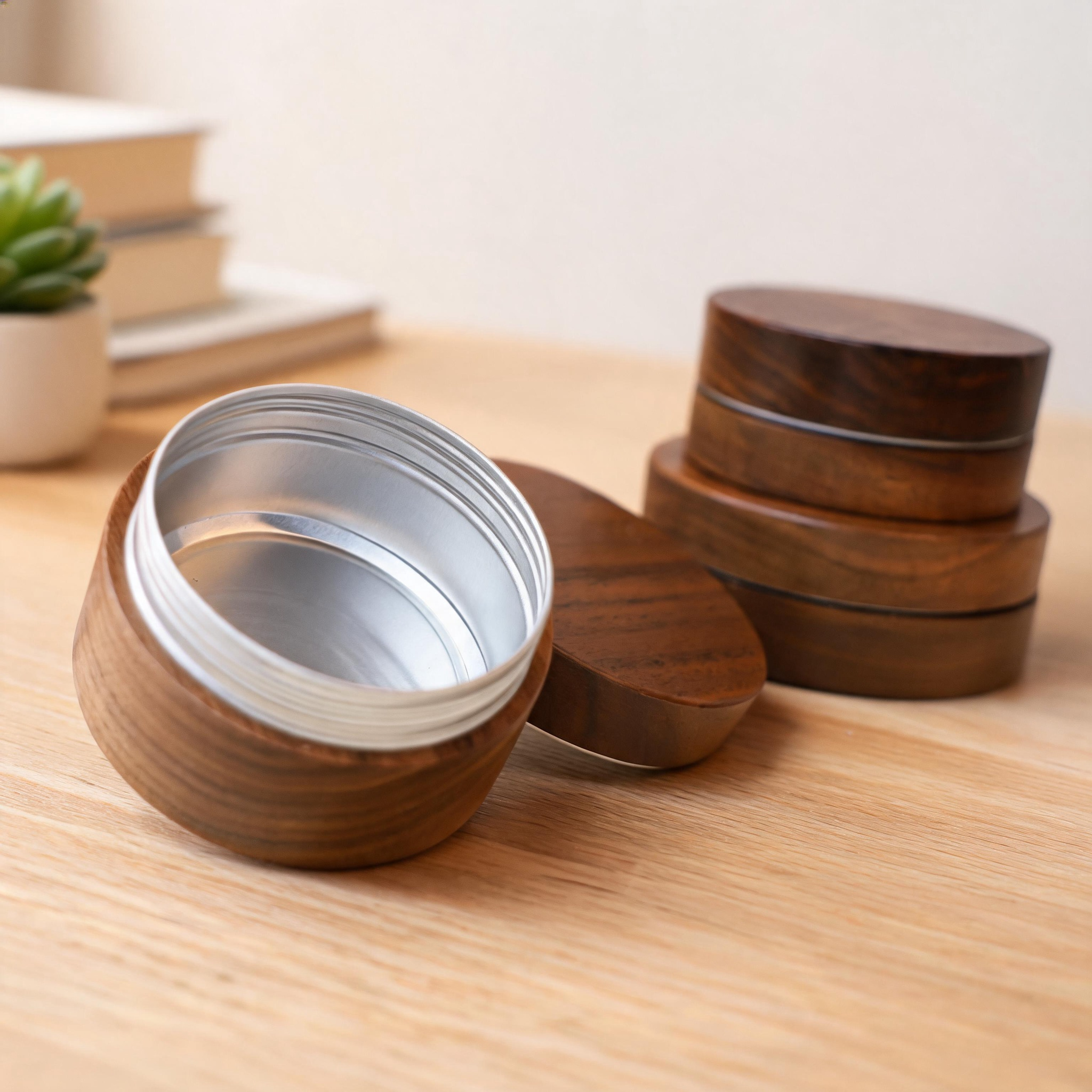 Premium Custom Logo Black Walnut Wooden Cosmetic Jar Aluminum Packaging for Skincare Cream Balm Luxury Beauty Product Packaging Premium Custom Logo Black Walnut Wooden Cosmetic Jar Aluminum Packaging for Skincare Cream Balm Luxury Beauty Product Packaging