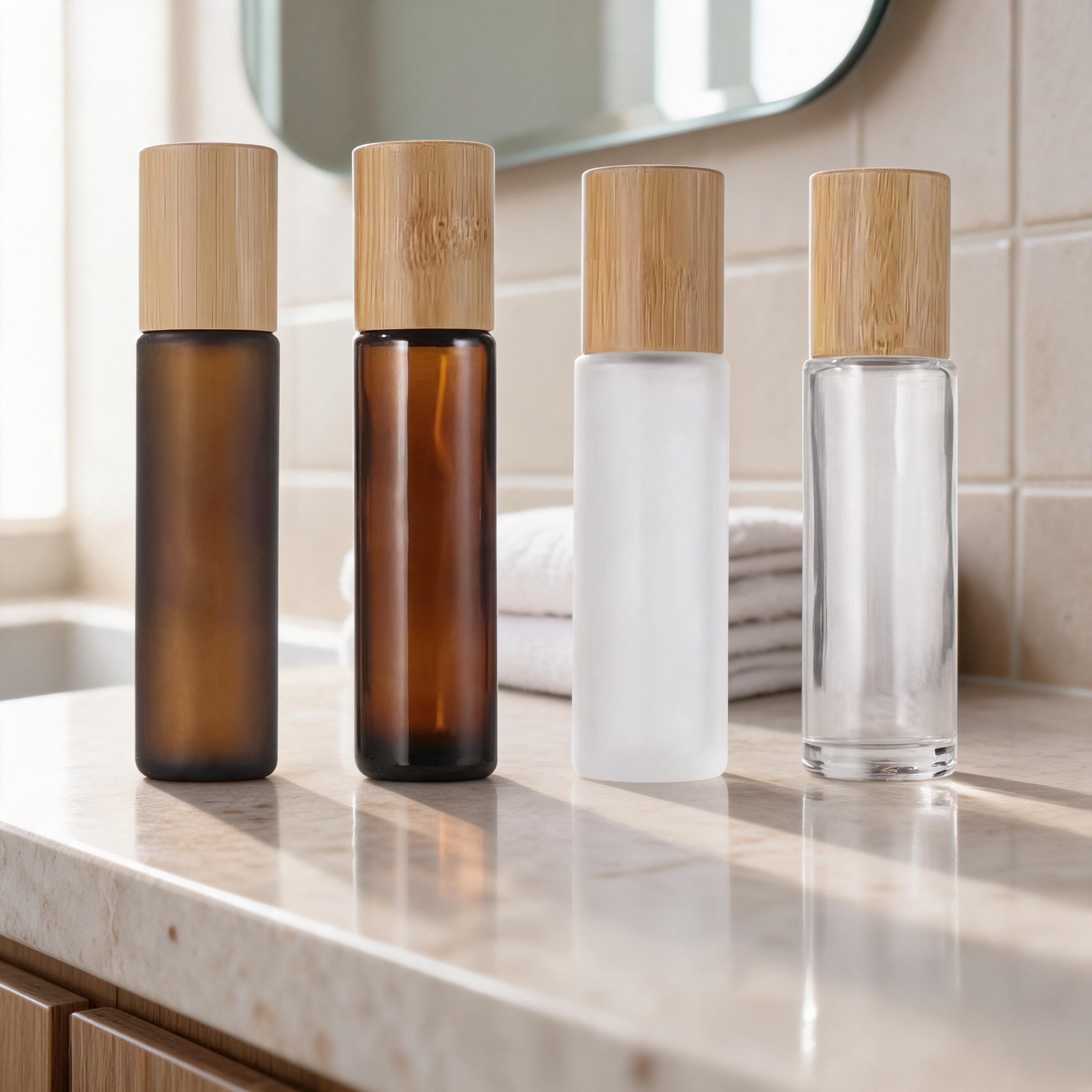 Luxury Amber Glass Roll on Bottle 5ml 10ml with Black Walnut Wood Cap Custom Logo Essential Oil Perfume Serum Skincare Packaging Luxury Amber Glass Roll on Bottle 5ml 10ml with Black Walnut Wood Cap Custom Logo Essential Oil Perfume Serum Skincare Packaging