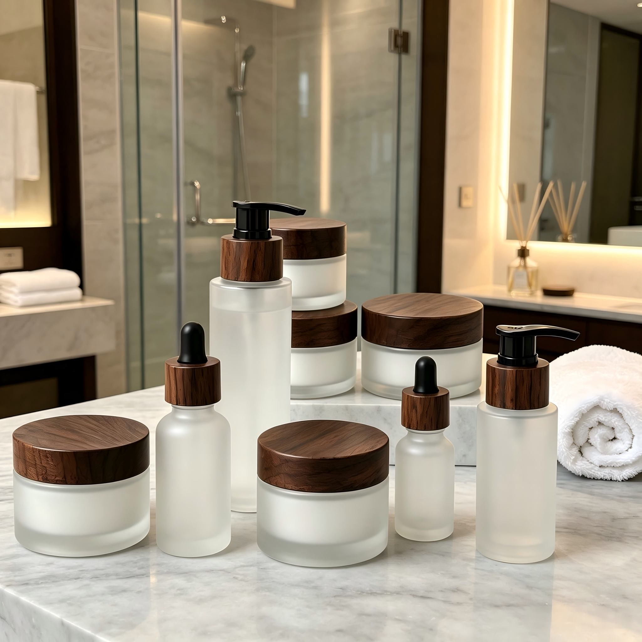 Refillable Frosted Clear Glass Cosmetic Bottle Jar Set With Black Walnut Wood Lid Empty Skincare Packaging Container Refillable Frosted Clear Glass Cosmetic Bottle Jar Set With Black Walnut Wood Lid Empty Skincare Packaging Container