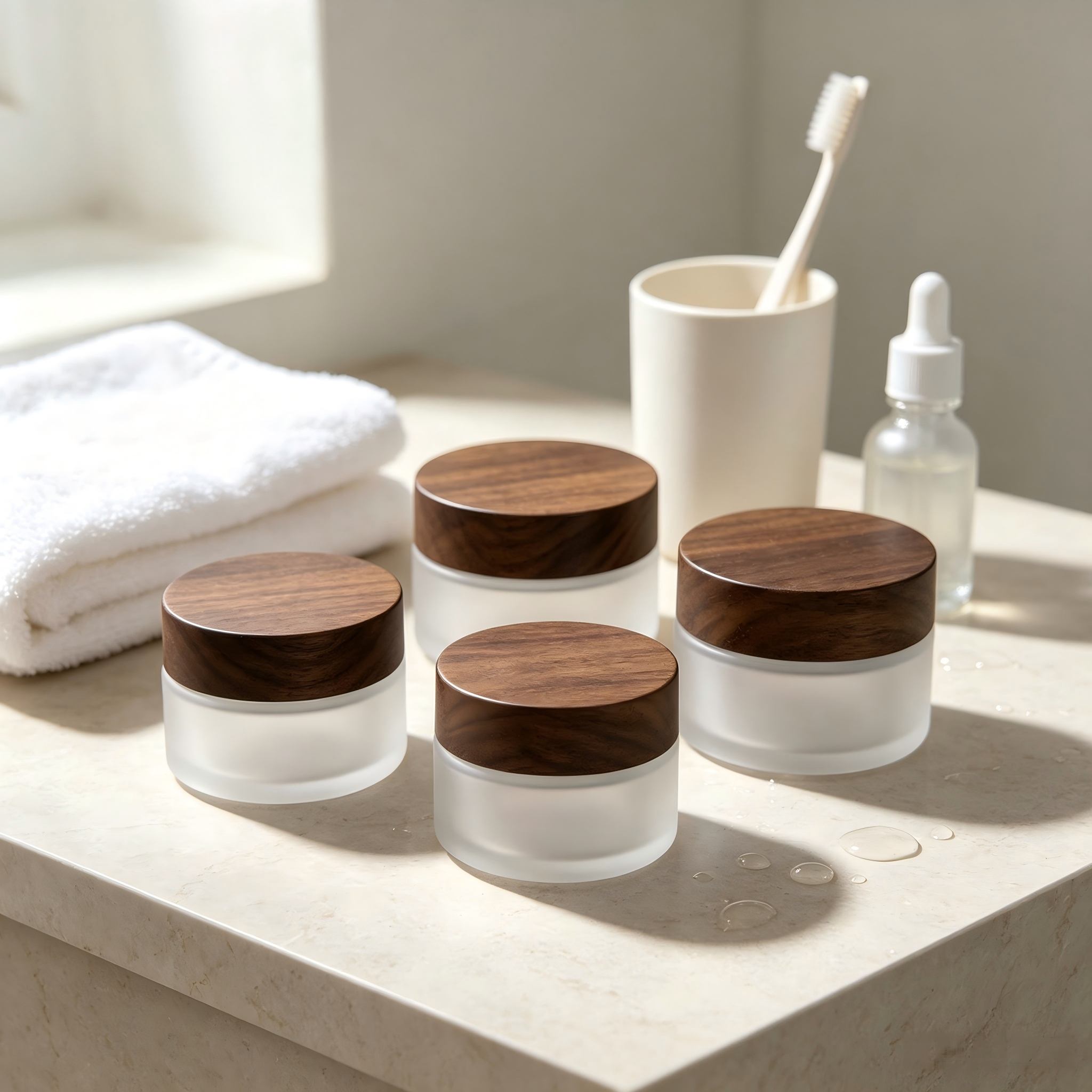Refillable Frosted Clear Glass Cosmetic Bottle Jar Set With Black Walnut Wood Lid Empty Skincare Packaging Container Refillable Frosted Clear Glass Cosmetic Bottle Jar Set With Black Walnut Wood Lid Empty Skincare Packaging Container