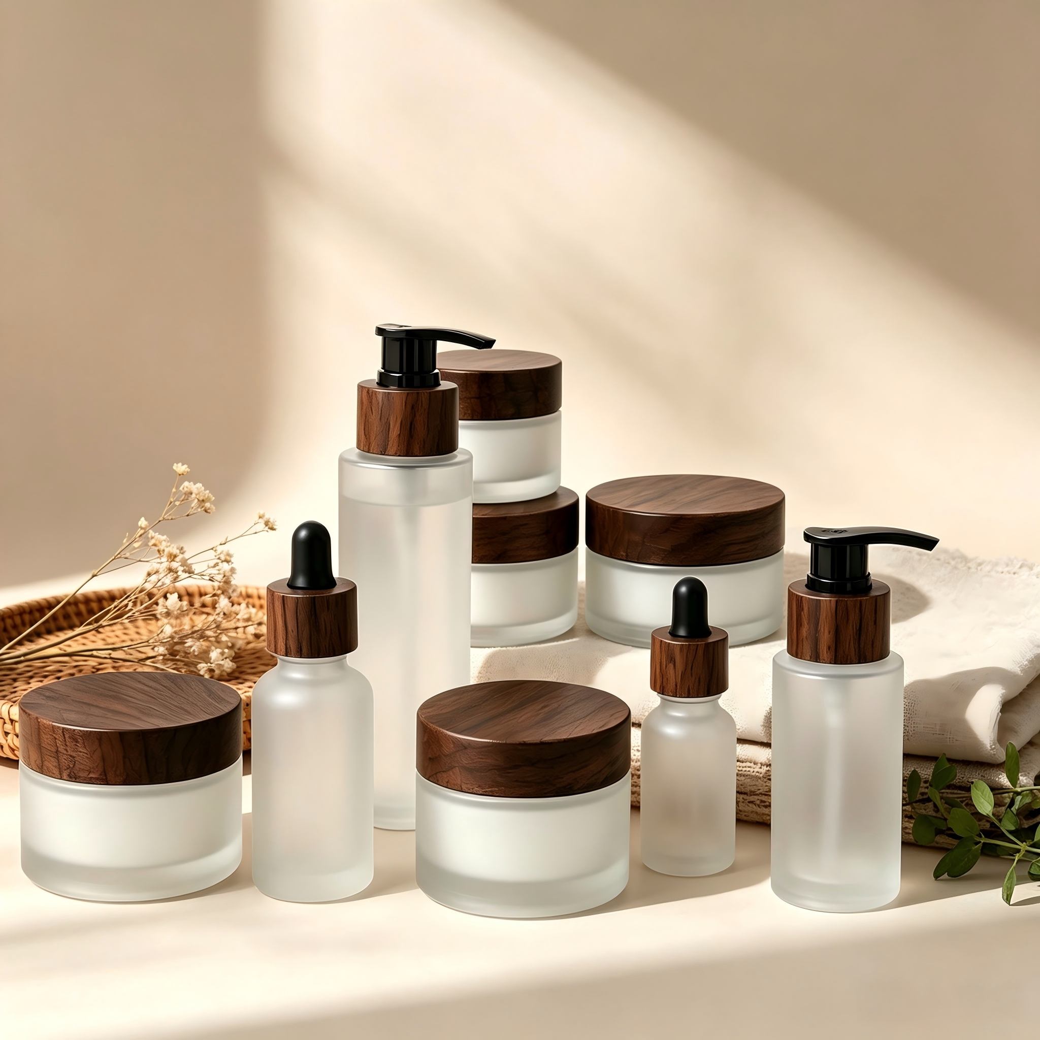 Refillable Frosted Clear Glass Cosmetic Bottle Jar Set With Black Walnut Wood Lid Empty Skincare Packaging Container Refillable Frosted Clear Glass Cosmetic Bottle Jar Set With Black Walnut Wood Lid Empty Skincare Packaging Container
