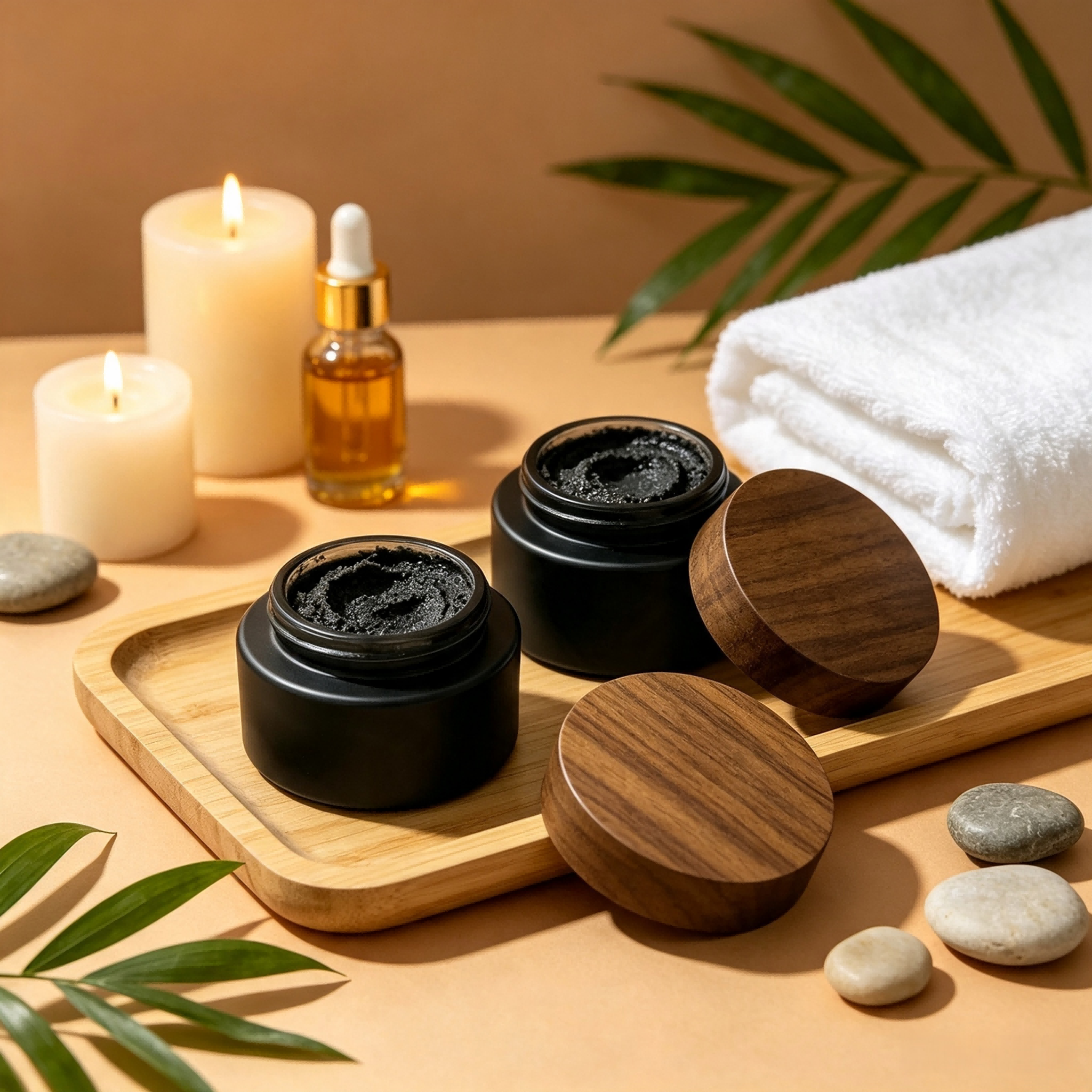 Eco Friendly Frosted Amber Glass Lotion Pump Bottle Face Cream Jar Set With Natural Black Walnut Wood Cover Eco Friendly Frosted Amber Glass Lotion Pump Bottle Face Cream Jar Set With Natural Black Walnut Wood Cover