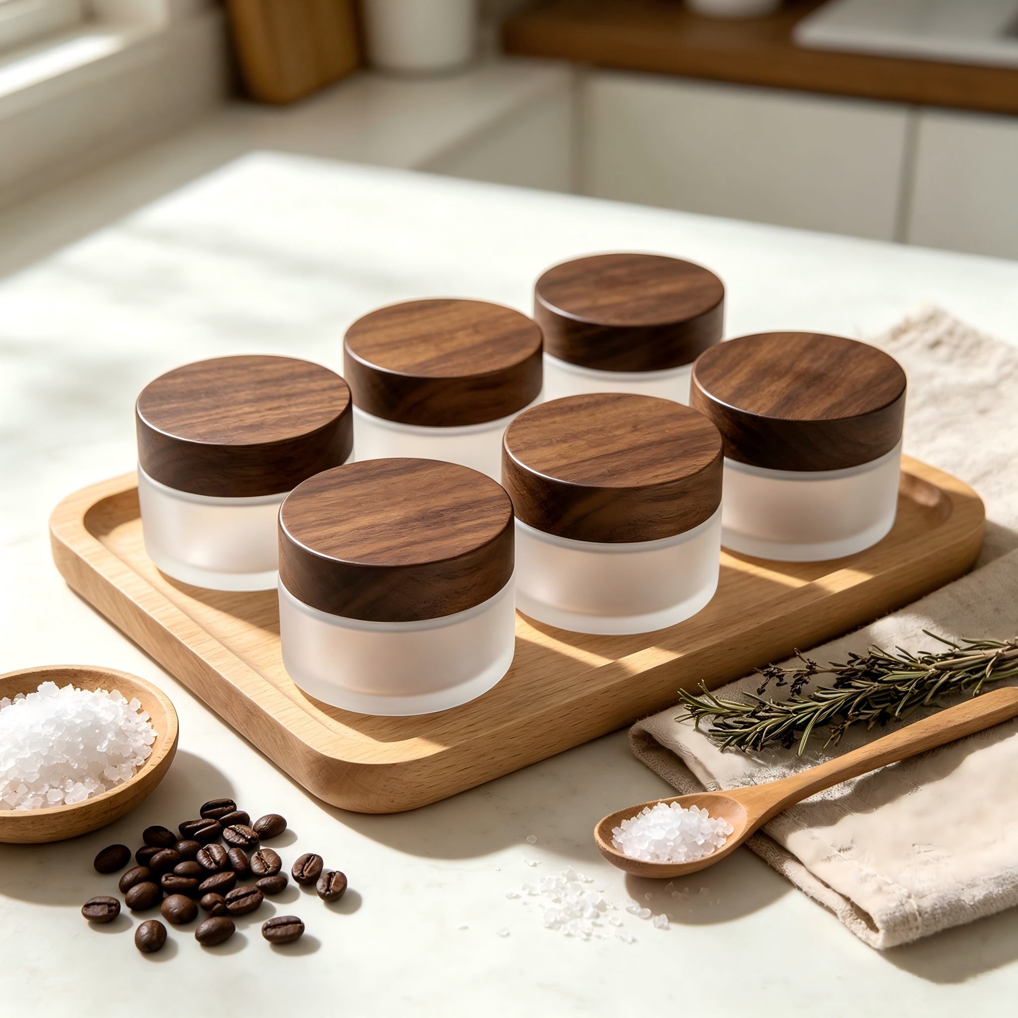 Blank Unbranded Luxury Frosted Glass Skincare Bottle and Jar , Black Walnut Wood Lid Cosmetic Packaging for Private Label Blank Unbranded Luxury Frosted Glass Skincare Bottle and Jar , Black Walnut Wood Lid Cosmetic Packaging for Private Label
