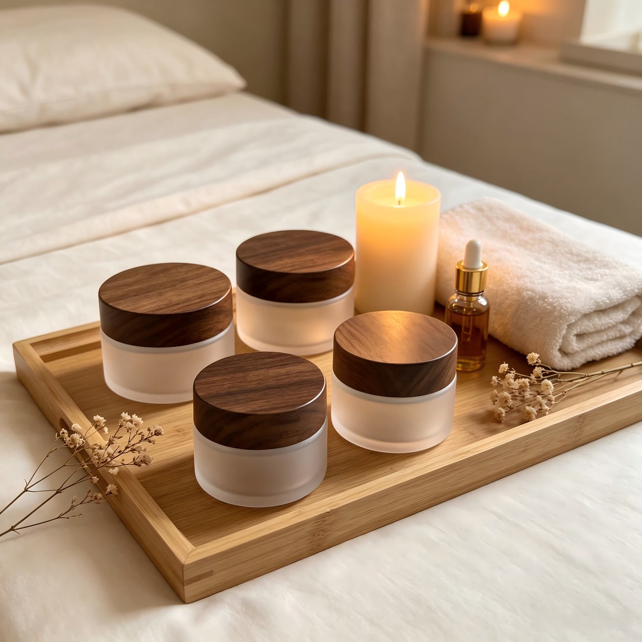 Wholesale Empty Frosted Glass Essential Oil Dropper Bottle Face Cream Jar Packaging Set With Black Walnut Wooden Lid Wholesale Empty Frosted Glass Essential Oil Dropper Bottle Face Cream Jar Packaging Set With Black Walnut Wooden Lid