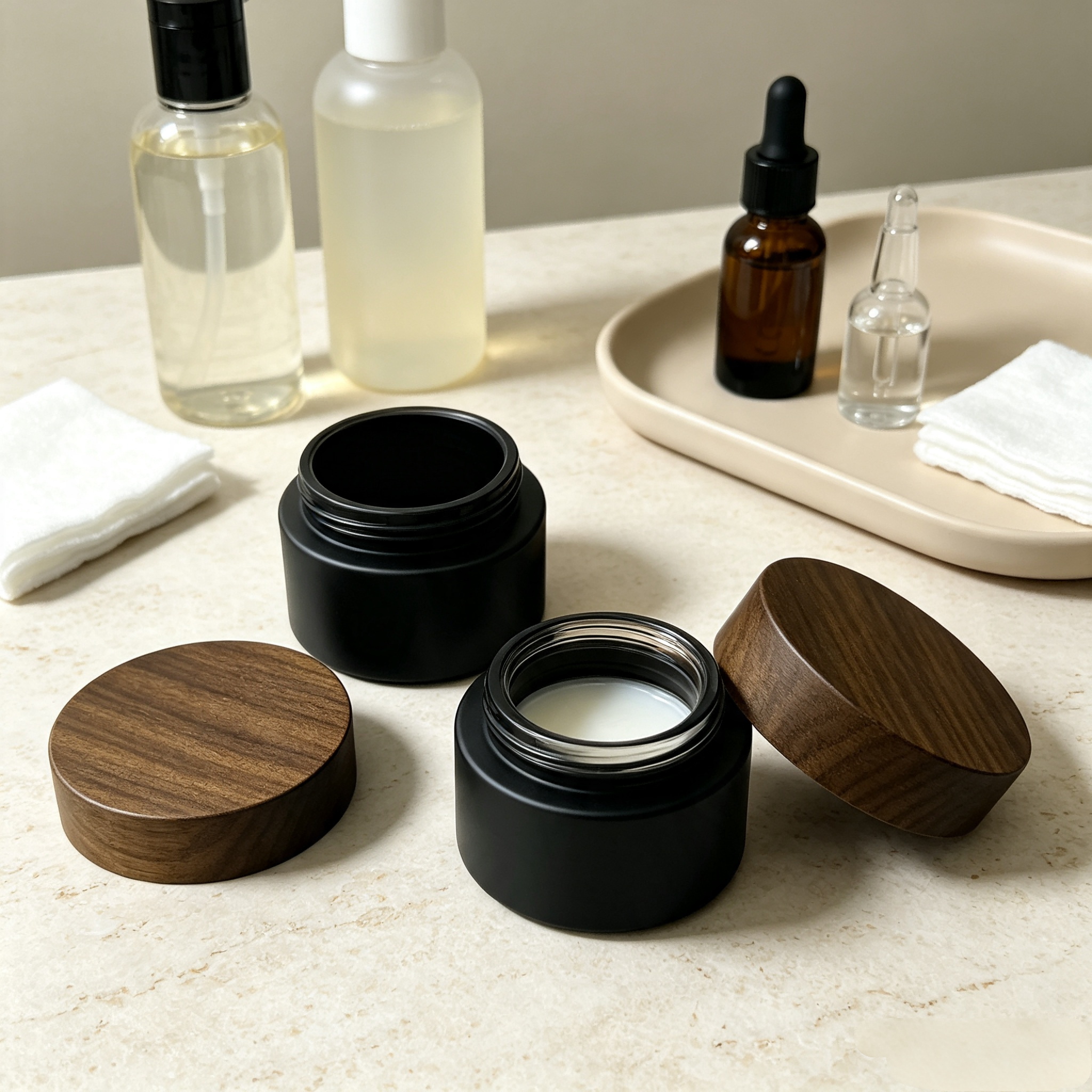 Eco Friendly Frosted Amber Glass Lotion Pump Bottle Face Cream Jar Set With Natural Black Walnut Wood Cover Eco Friendly Frosted Amber Glass Lotion Pump Bottle Face Cream Jar Set With Natural Black Walnut Wood Cover