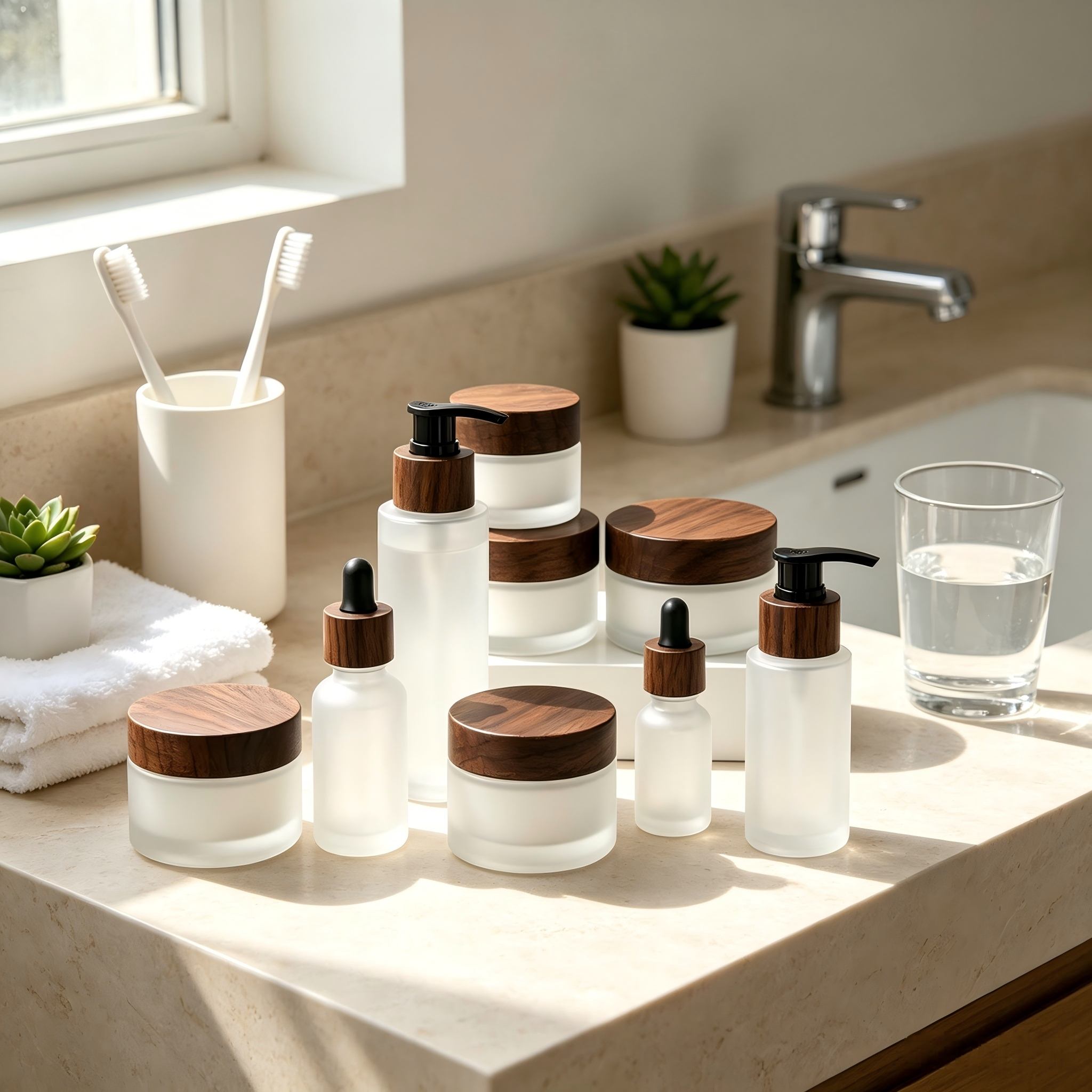 Blank Unbranded Luxury Frosted Glass Skincare Bottle and Jar , Black Walnut Wood Lid Cosmetic Packaging for Private Label Blank Unbranded Luxury Frosted Glass Skincare Bottle and Jar , Black Walnut Wood Lid Cosmetic Packaging for Private Label