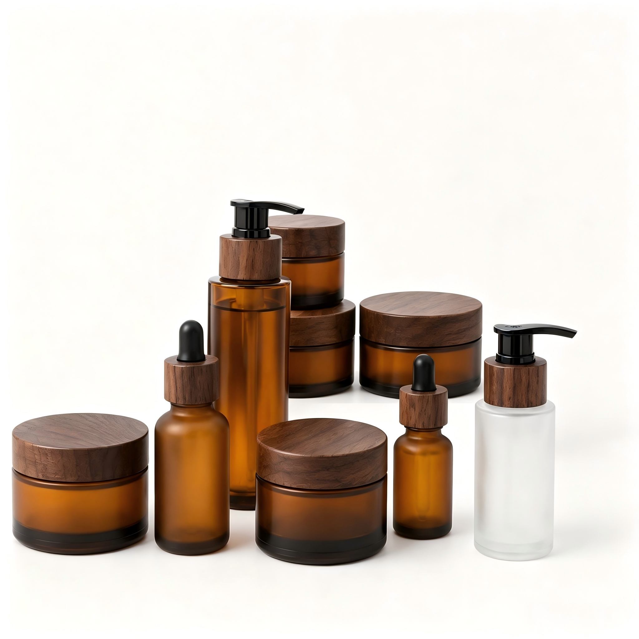 Eco Friendly Frosted Amber Glass Lotion Pump Bottle Face Cream Jar Set With Natural Black Walnut Wood Cover Eco Friendly Frosted Amber Glass Lotion Pump Bottle Face Cream Jar Set With Natural Black Walnut Wood Cover