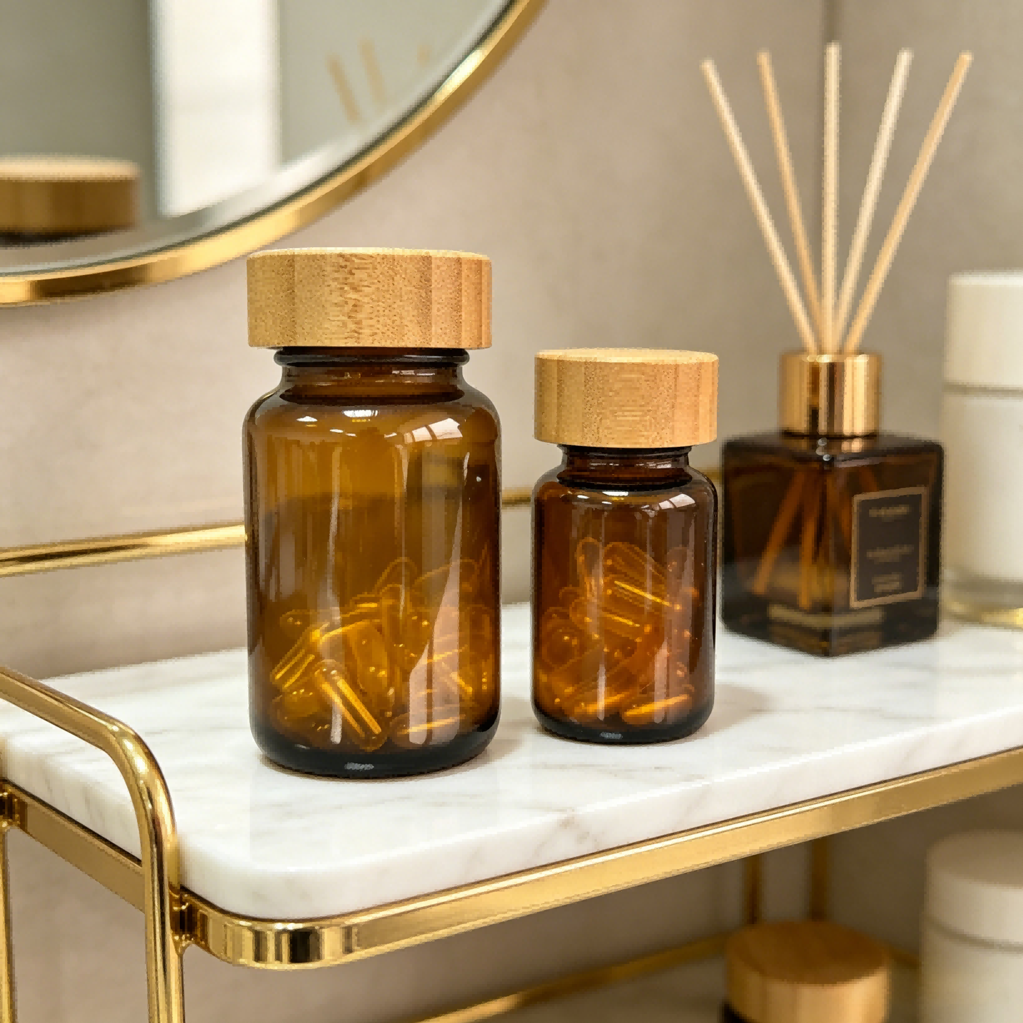 UV Blocking Black Glass Capsule Container Natural Bamboo Lid Refillable Vitamin Medicine Bottle for Health Supplement Packaging UV Blocking Black Glass Capsule Container Natural Bamboo Lid Refillable Vitamin Medicine Bottle for Health Supplement Packaging