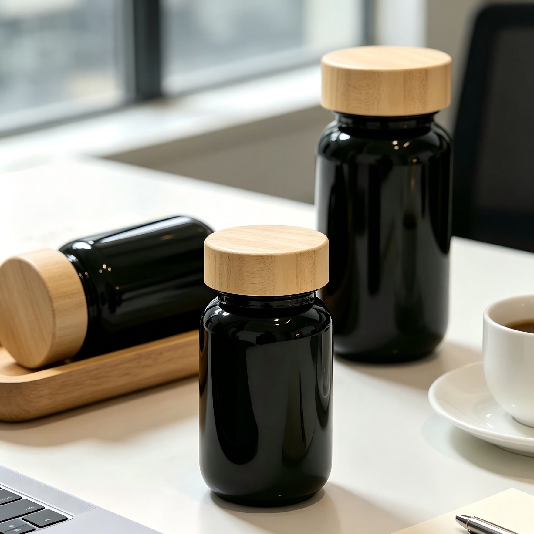 Food Grade Black Glass Supplement Jar Natural Bamboo Lid Light Proof Capsule Bottle for Tablet Pill Custom Brand Service