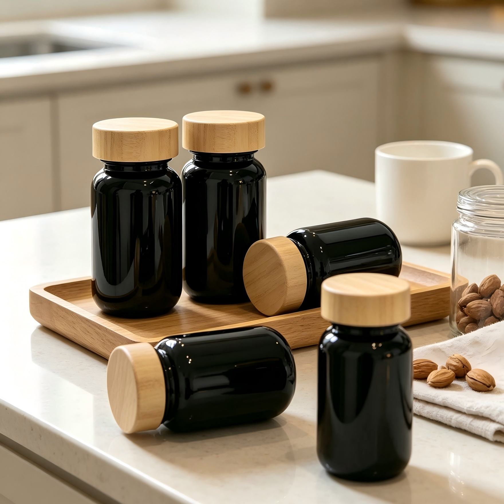 Food Grade Black Glass Supplement Jar Natural Bamboo Lid Light Proof Capsule Bottle for Tablet Pill Custom Brand Service Food Grade Black Glass Supplement Jar Natural Bamboo Lid Light Proof Capsule Bottle for Tablet Pill Custom Brand Service