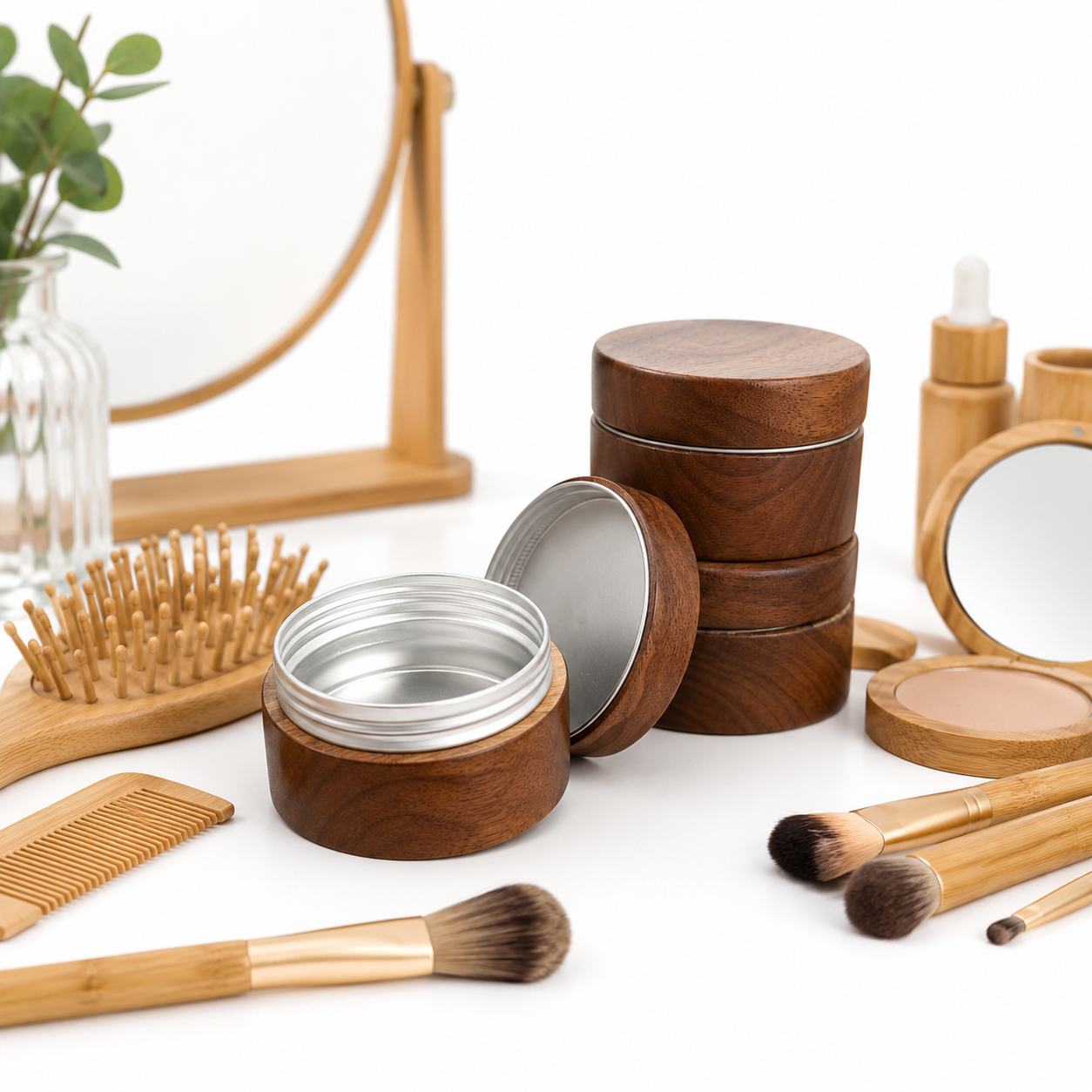 Natural Beauty Skincare Black Walnut Cosmetic Jar 80g Reusable Aluminum Cream Container with Dark Wooden Lid