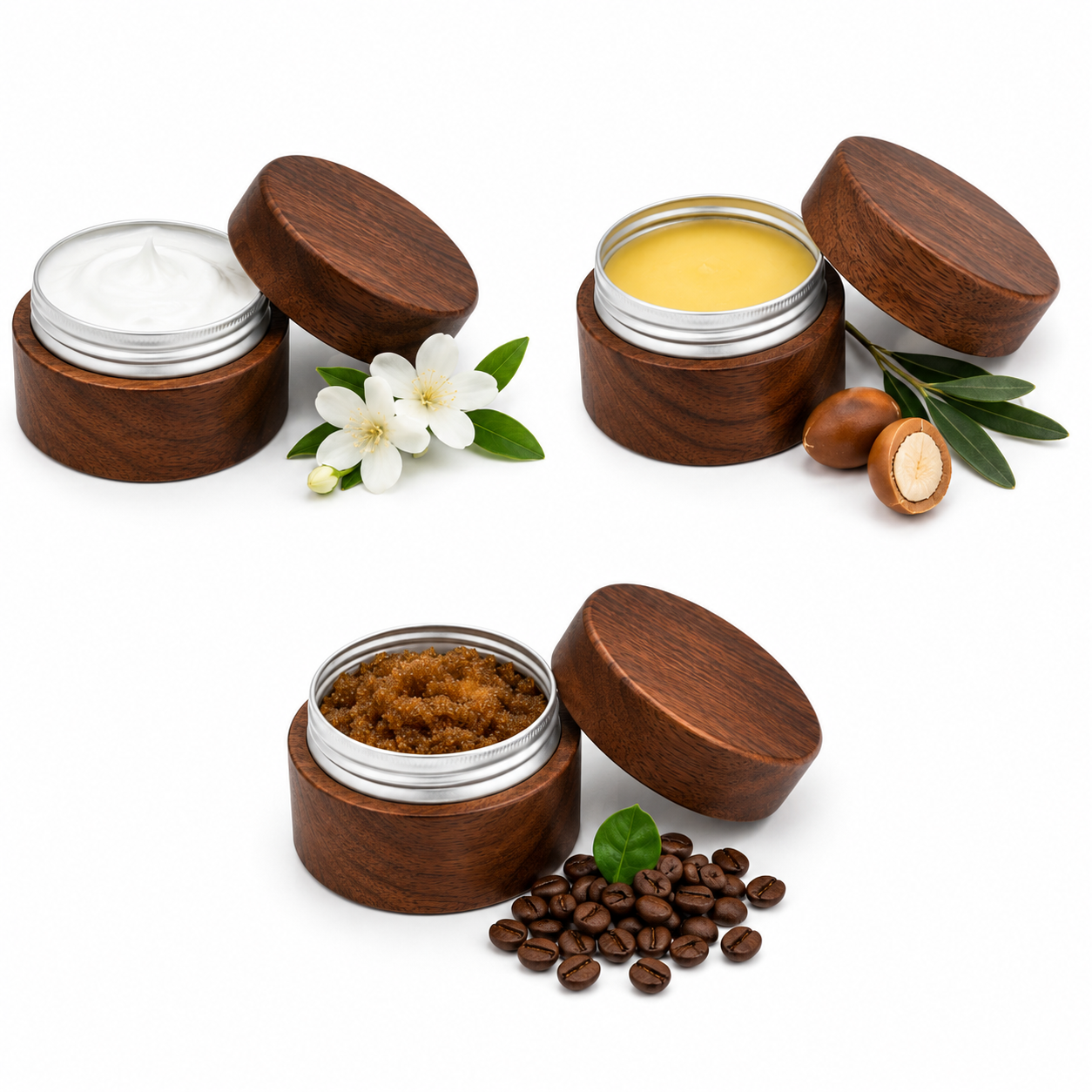 Natural Beauty Skincare Black Walnut Cosmetic Jar 80g Reusable Aluminum Cream Container with Dark Wooden Lid