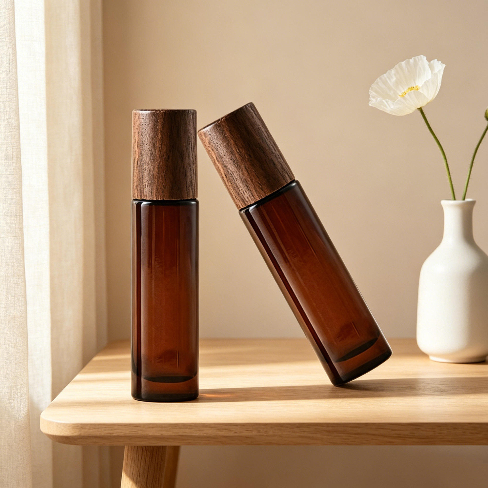 Luxury Custom Logo Black Walnut Wooden Cap Amber Glass Roller Bottle 5ml 10ml for Essential Oil Skincare Packaging Luxury Custom Logo Black Walnut Wooden Cap Amber Glass Roller Bottle 5ml 10ml for Essential Oil Skincare Packaging