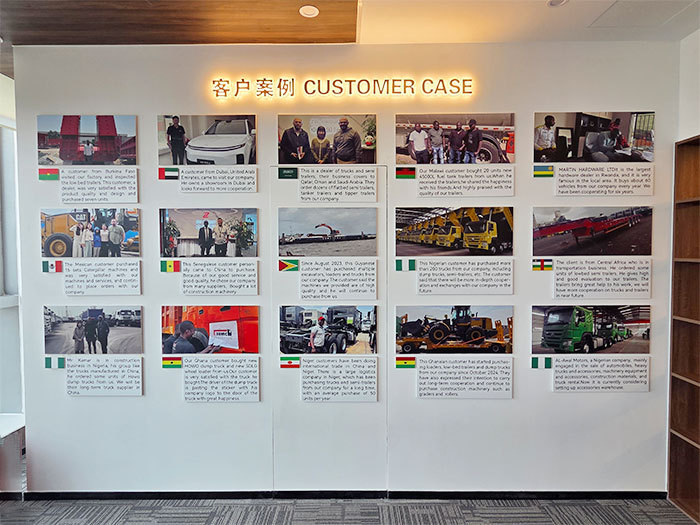 Inside ZW Group showroom: displaying semi-trailer models, heavy-duty truck specifications, and global customer success stories.