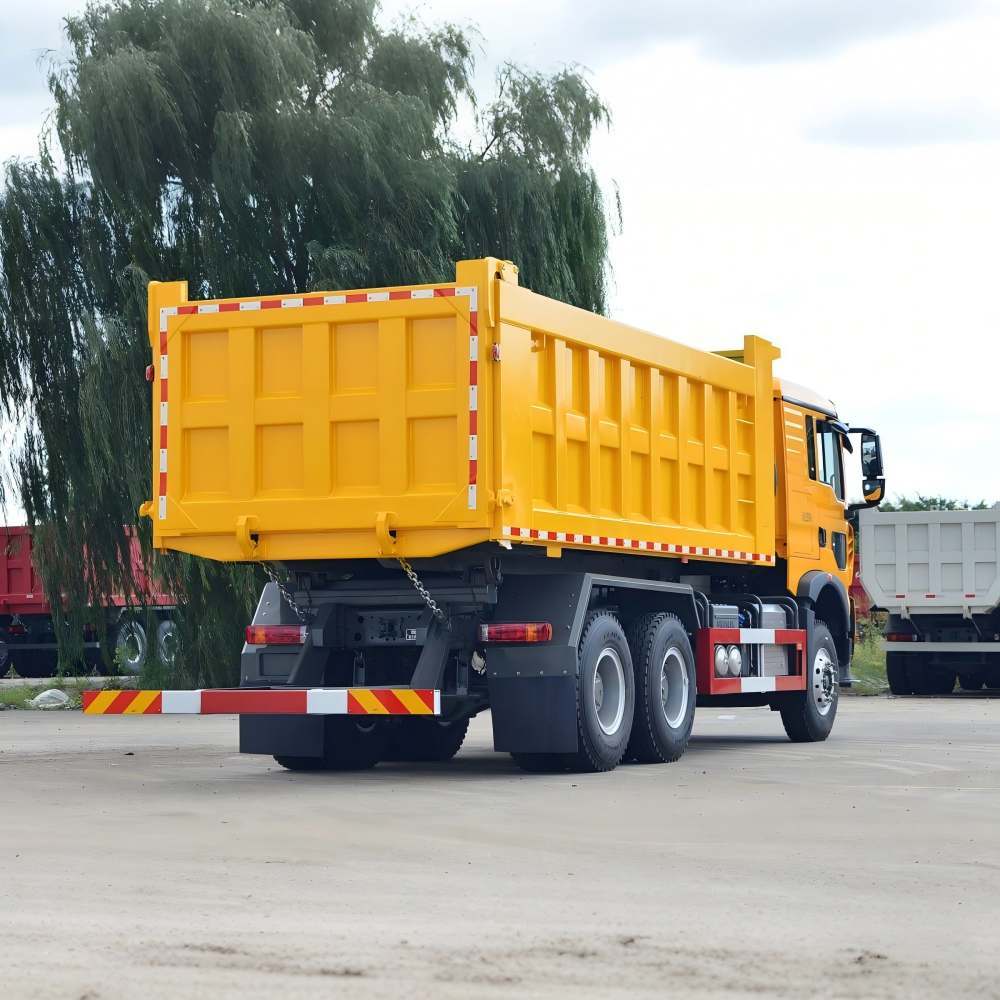 HOWO TX 400HP 6x4 dump truck rear three quarter view at delivery yard