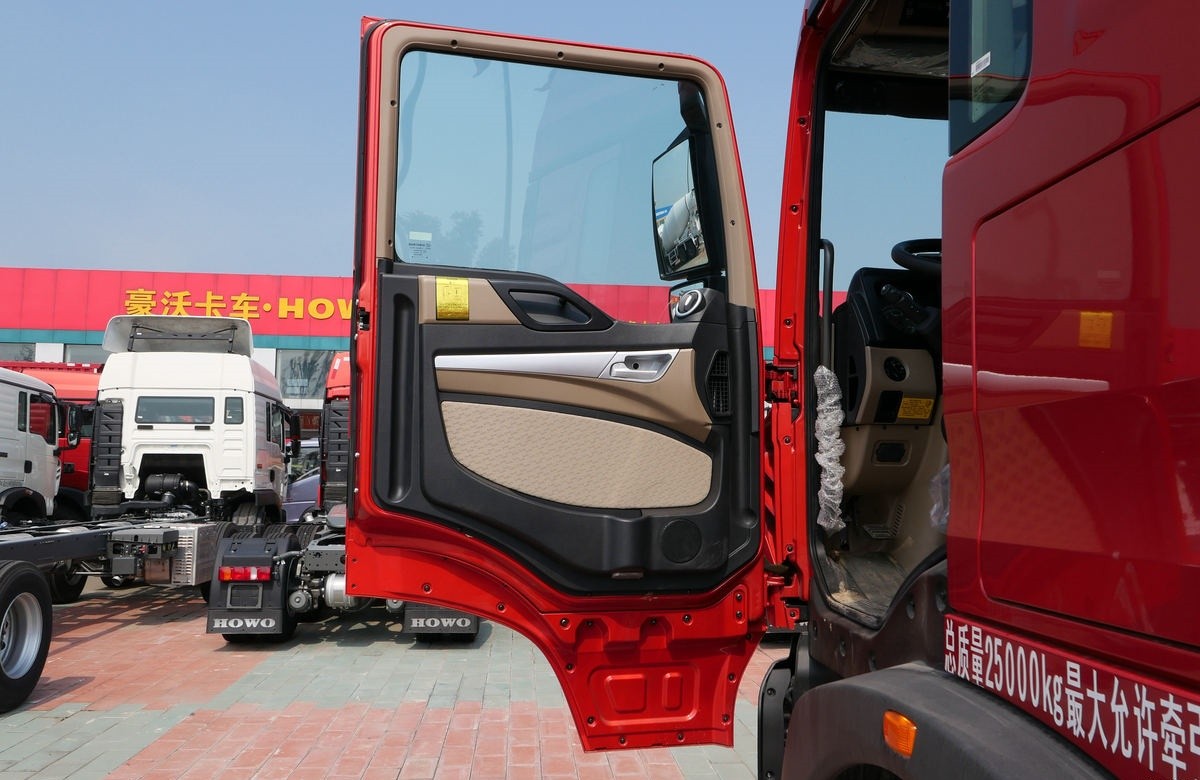 HOWO TX 430HP tractor truck driver side door detail showing handle and cabin access