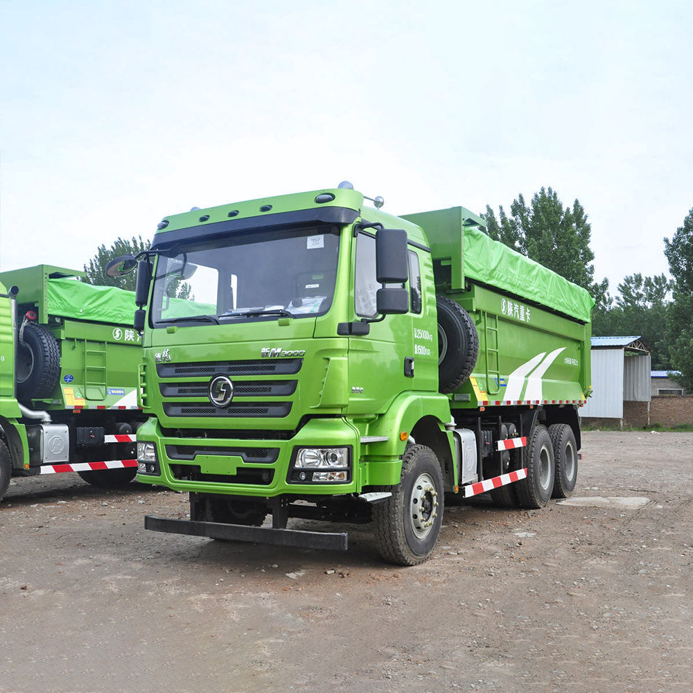 Shacman M3000 6x4 350HP dump truck front three quarter view highlighting dump body and cab