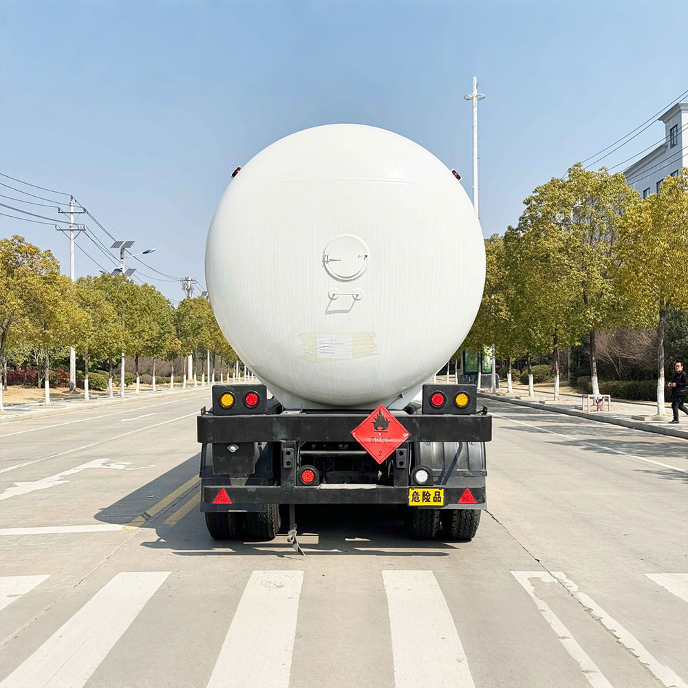 3 axle LPG tanker semi trailer rear view showing safety valves and reinforced frame