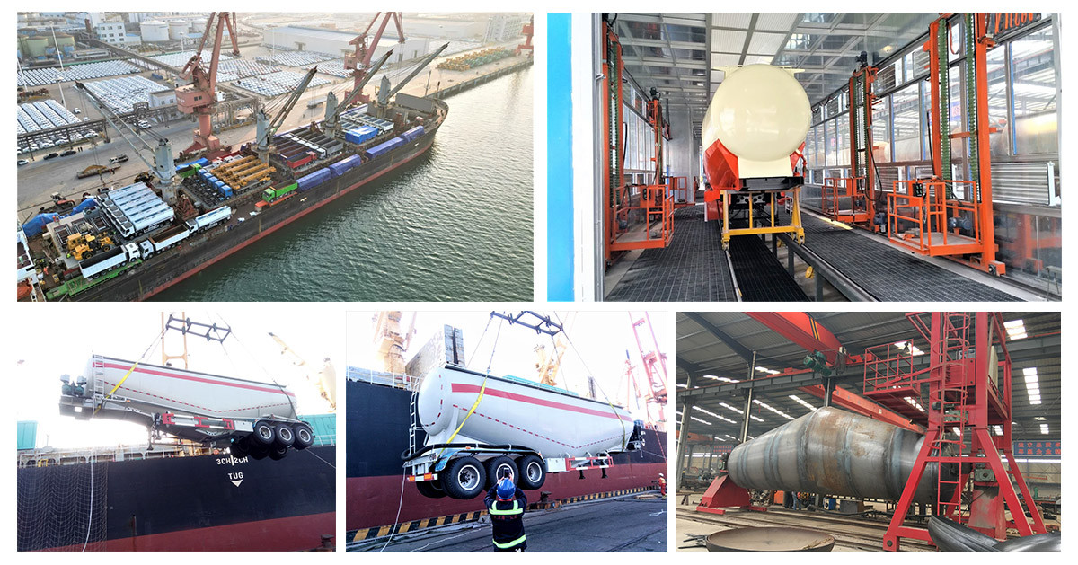 Powder tanker semi trailers being packed and shipped at factory and port, showing fully assembled tankers loaded onto transport vehicles, cranes at dockside, and trailers ready for global delivery