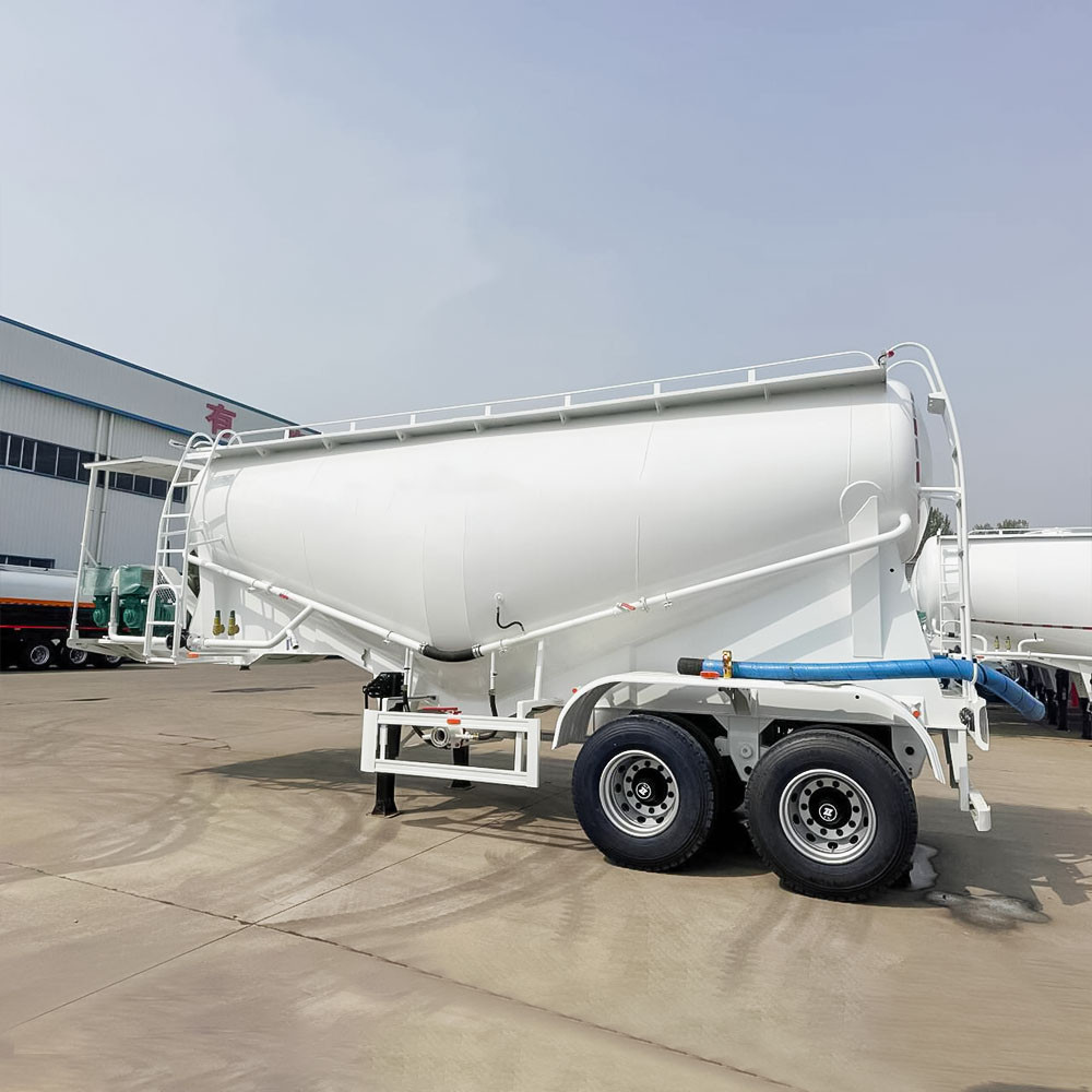 2 axle 30 ton cement tanker trailer side view showing large capacity bulk tank and pneumatic discharge system