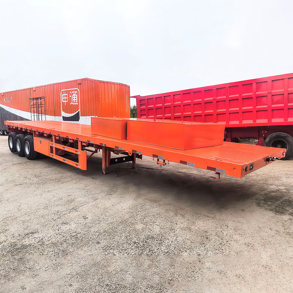3 axle 40ft container shipping flatbed semi trailer side view showing full length loading platform for ISO container