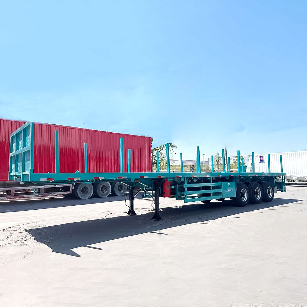 40ft flatbed semi truck trailer side view showing full length flat deck for container and steel transport