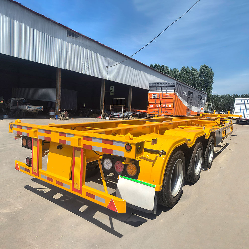 3 axle skeleton semi trailer rear three quarter view showing rear frame and lighting system