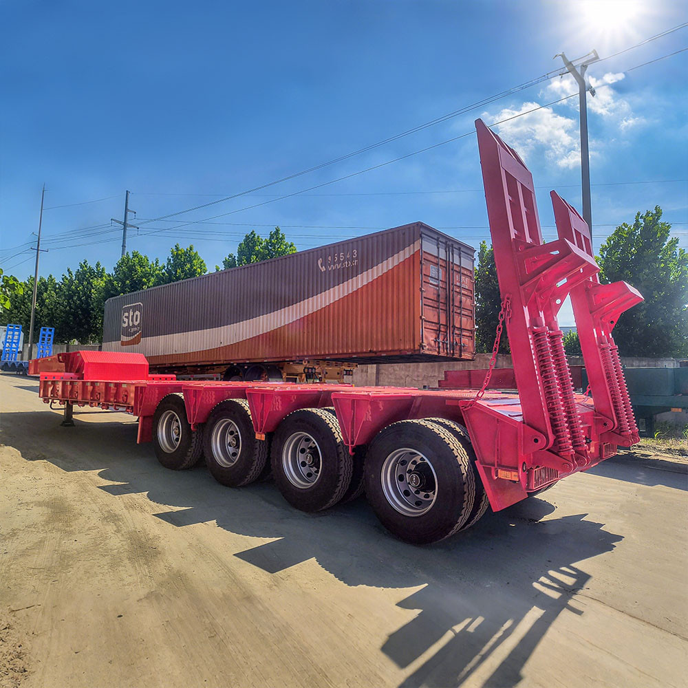 3 axle 40ft container loader trailer side view showing full chassis and side loader mechanism for ISO container handling