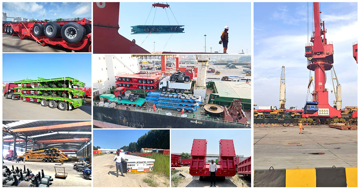 ZW Group lowbed trailer factory production and international shipping: specialized export packaging, port crane loading, and global logistics service.