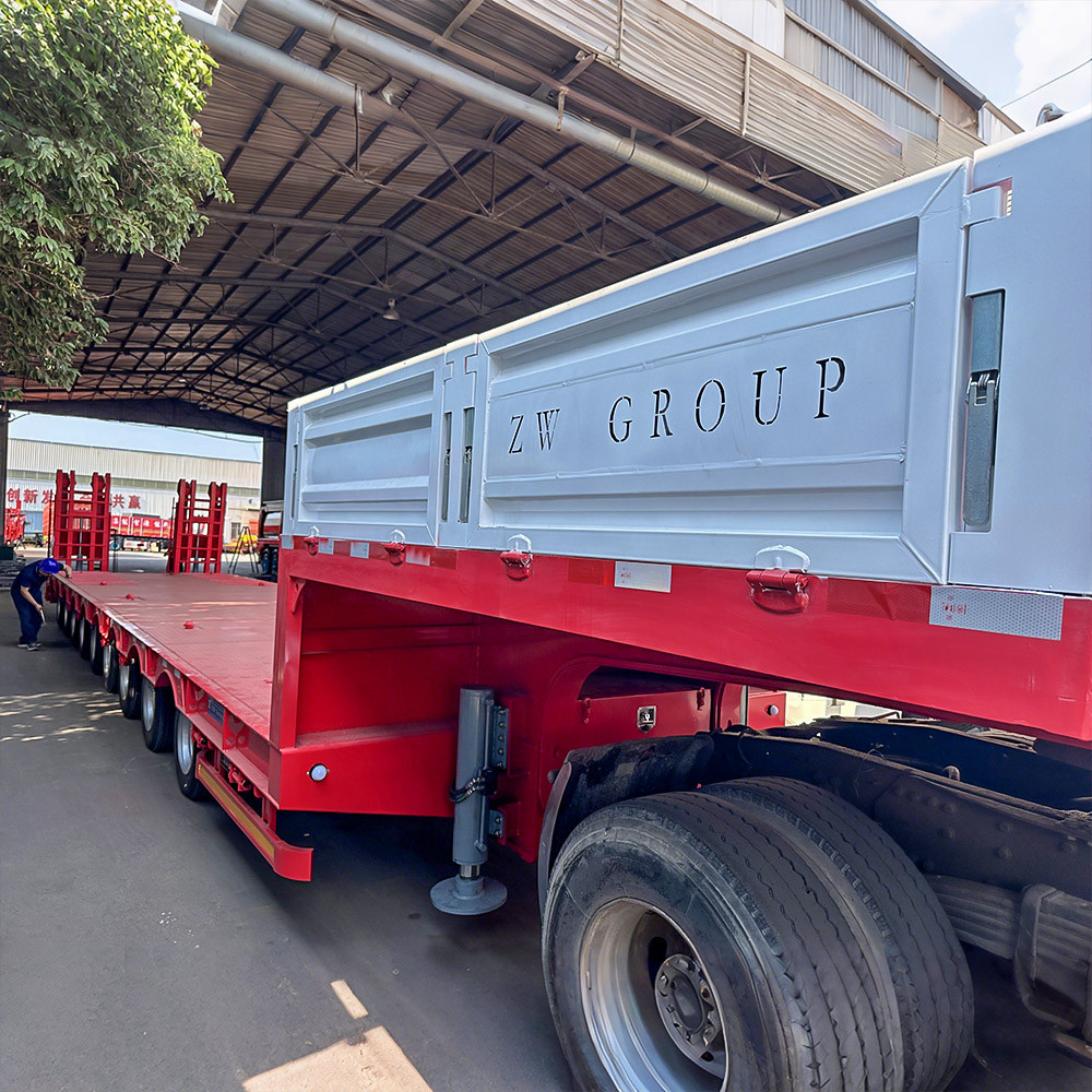 9 axle lowbed semi trailer gooseneck detail showing reinforced structure for heavy load bearing