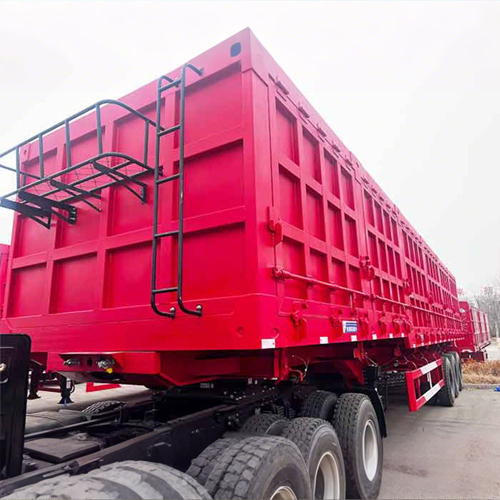 3 axle side tipper semi trailer front three quarter view highlighting hydraulic side tipping cylinder and axle layout