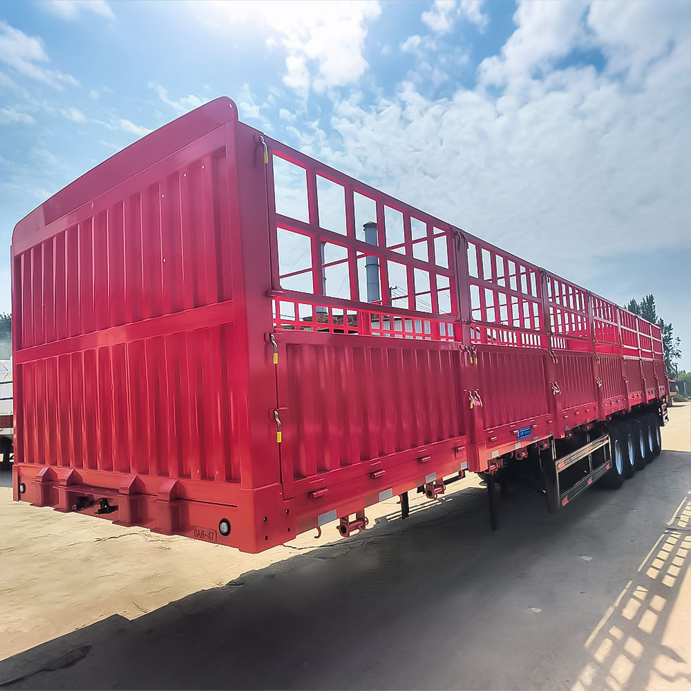 5 axle 80 ton fence semi trailer front three quarter view highlighting cargo fence structure and axle layout