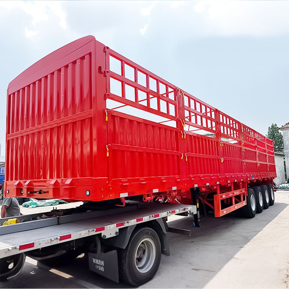 4 axle fence cargo semi trailer front three quarter view highlighting cargo fence structure and four axle layout